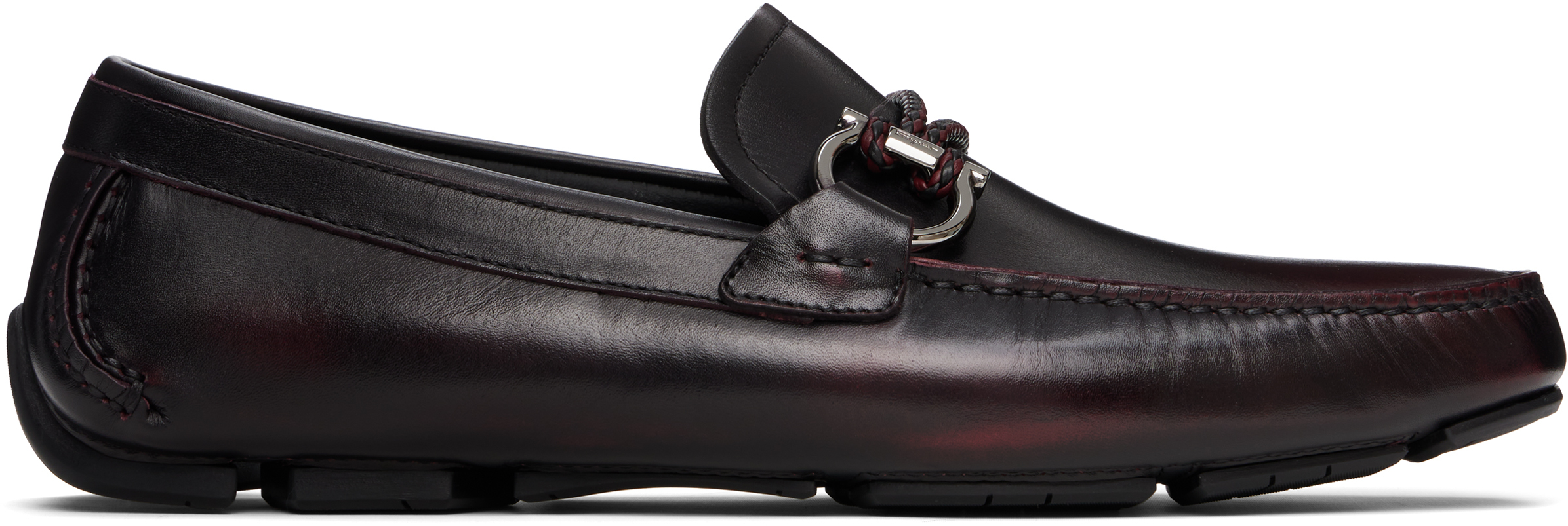 Ferragamo Burgundy Gancini Ornament Driver Loafers