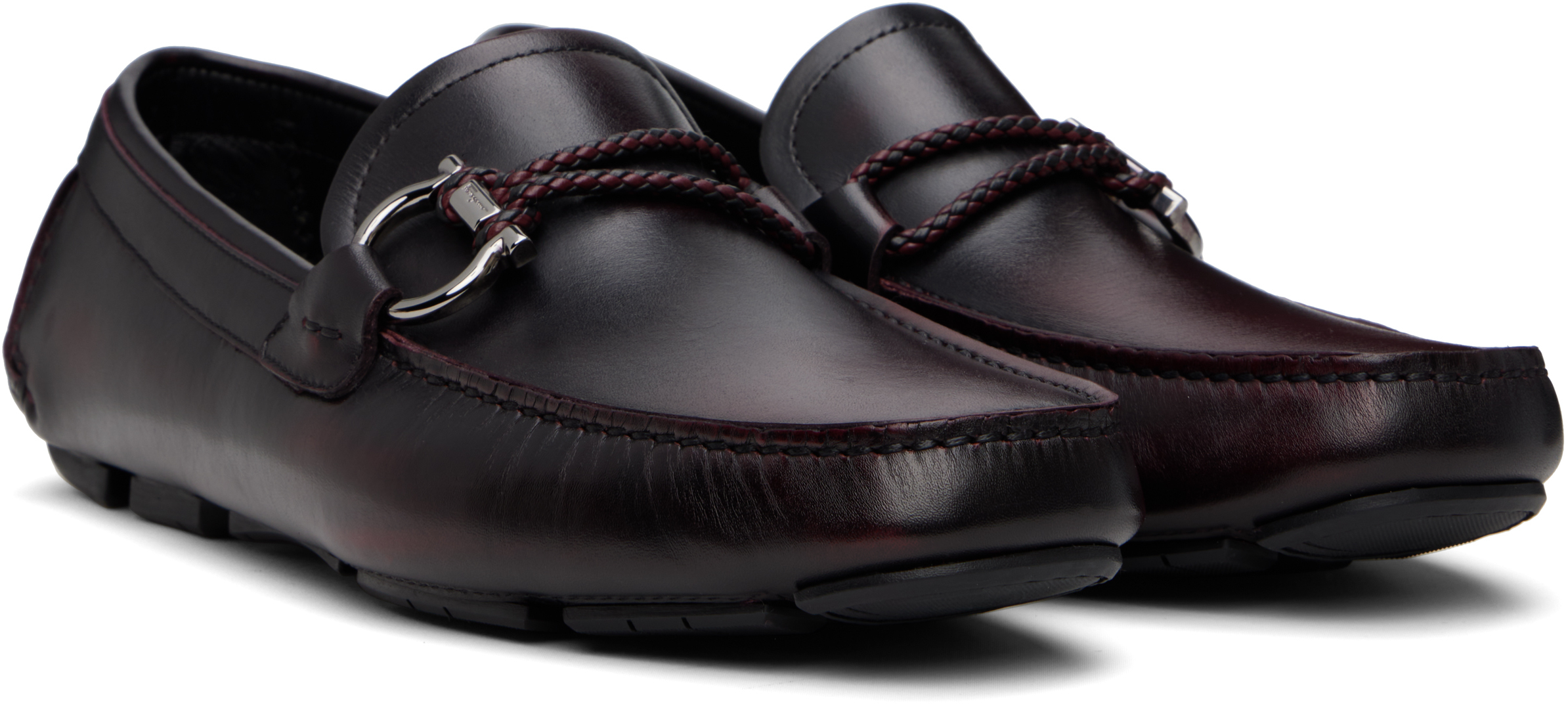 Ferragamo Burgundy Gancini Ornament Driver Loafers