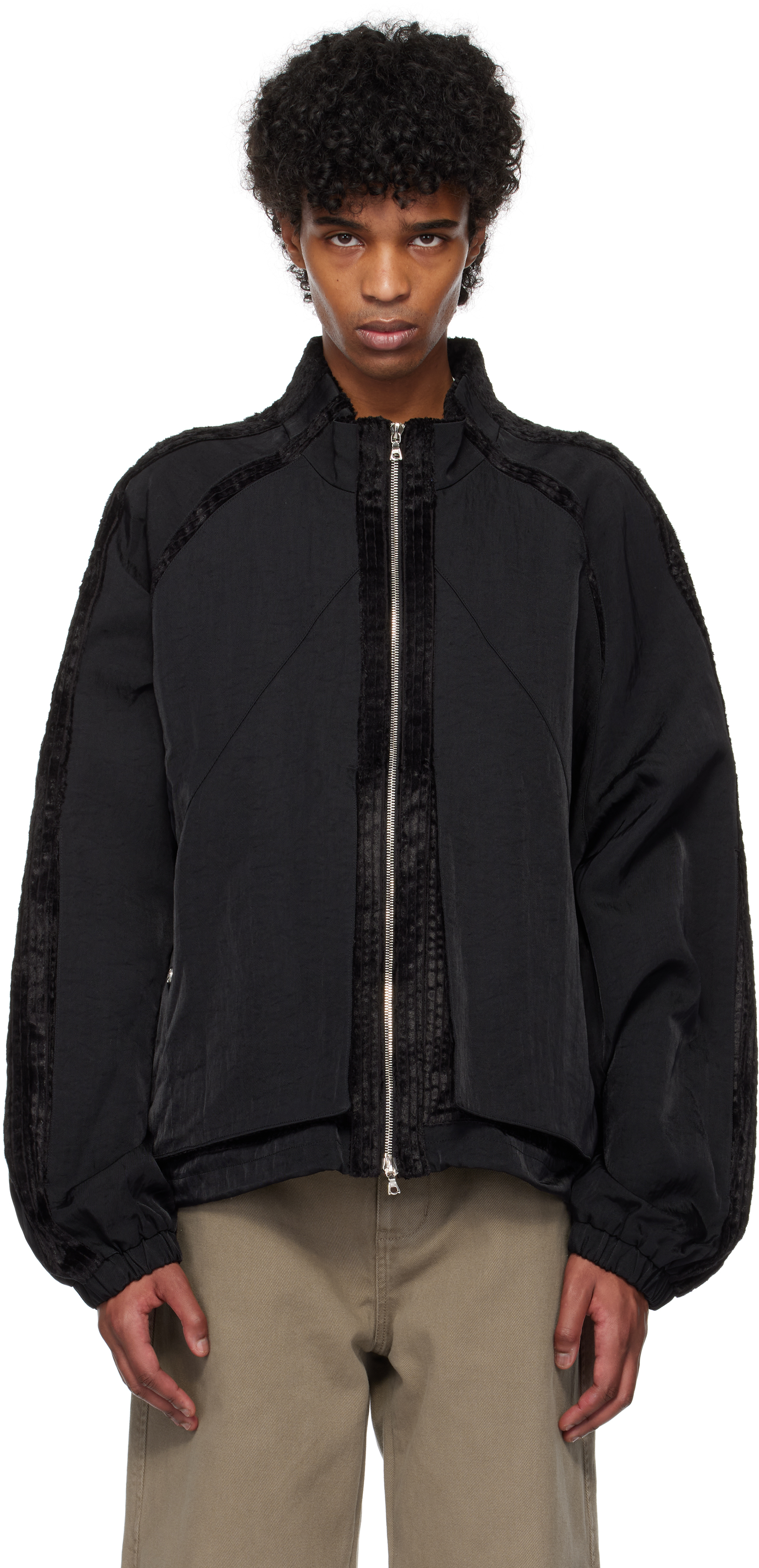 Black Corduroy Paneled Athletes Track Jacket