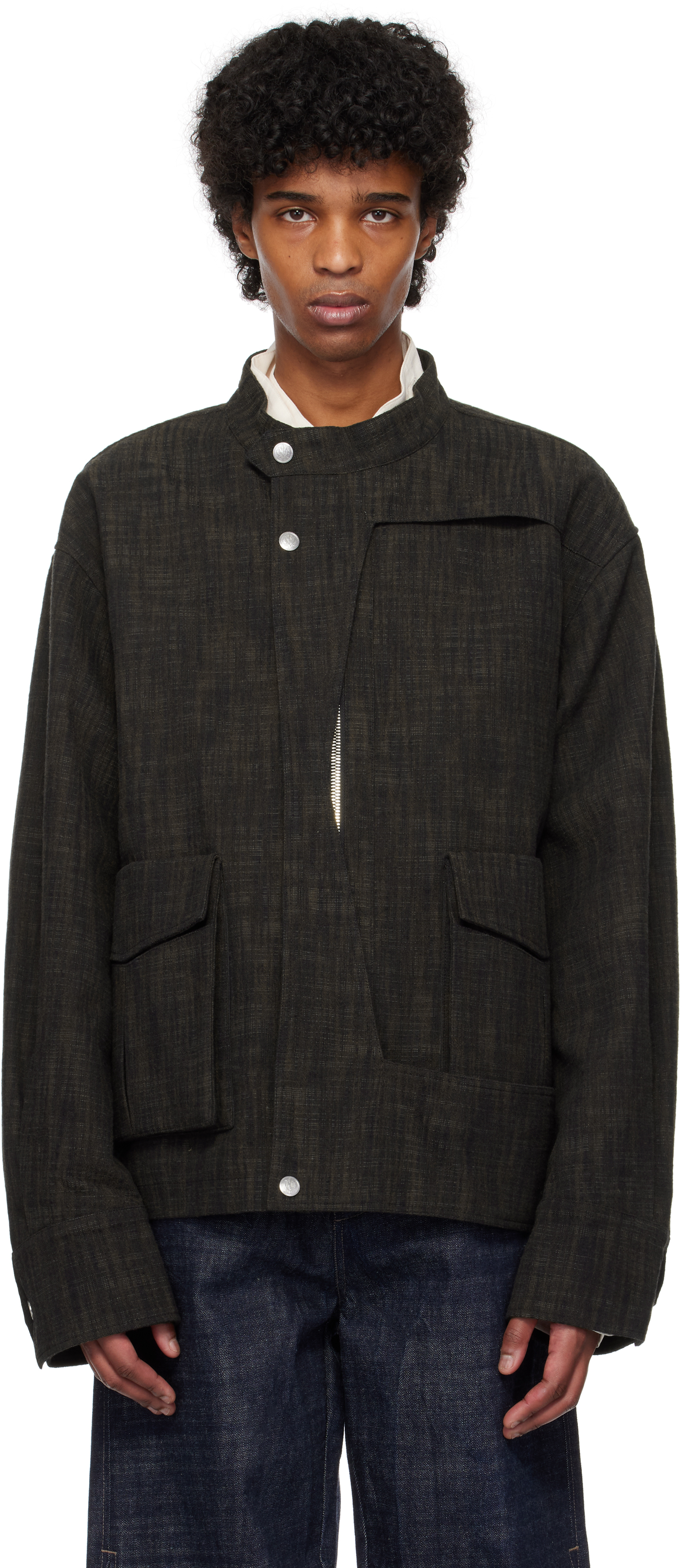 Gray 
Brown Deconstructed Multi Collar Jacket