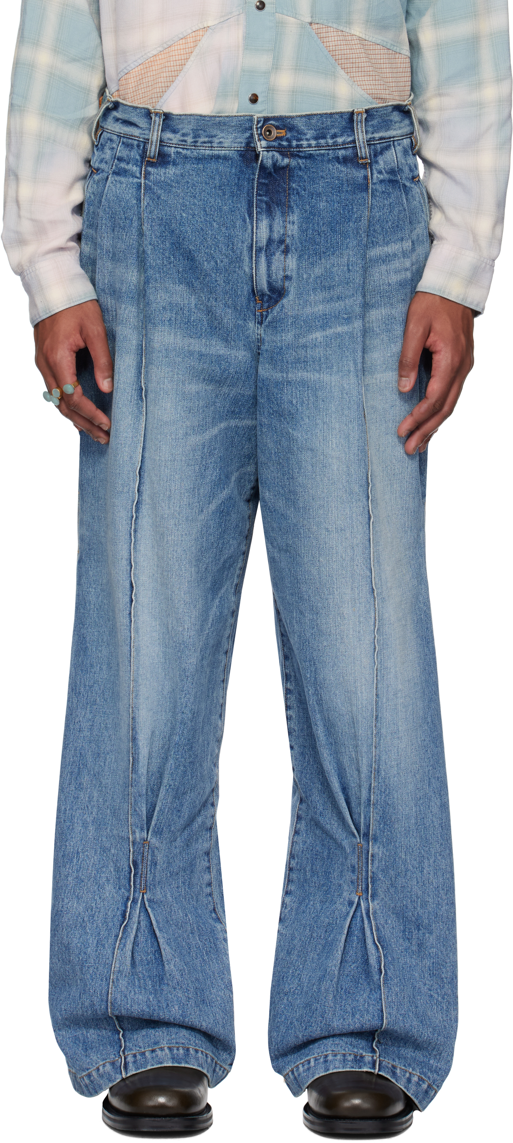 Blue Pleat-Design Jeans by KHOKI on Sale