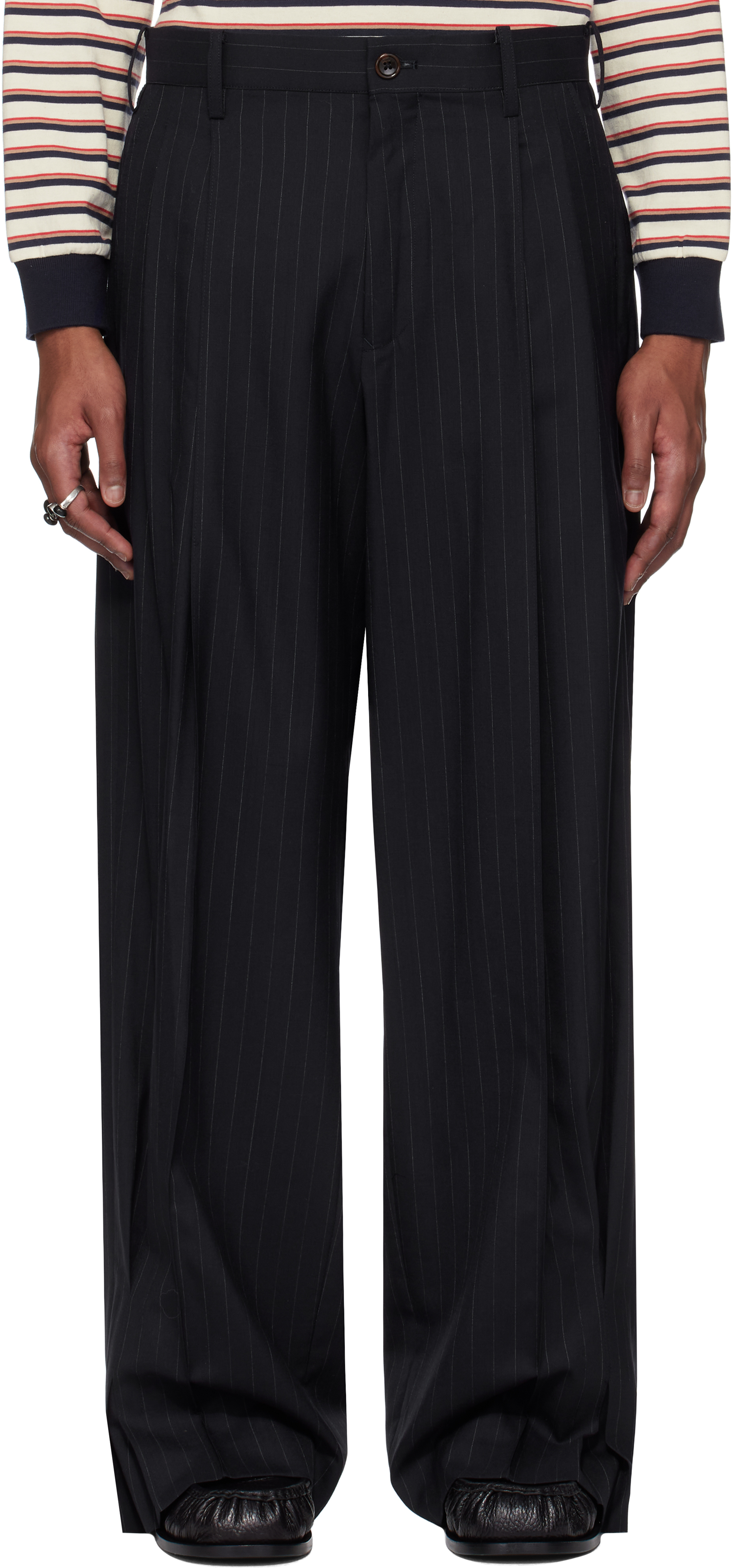 Navy Pinstripe-Pattern Trousers