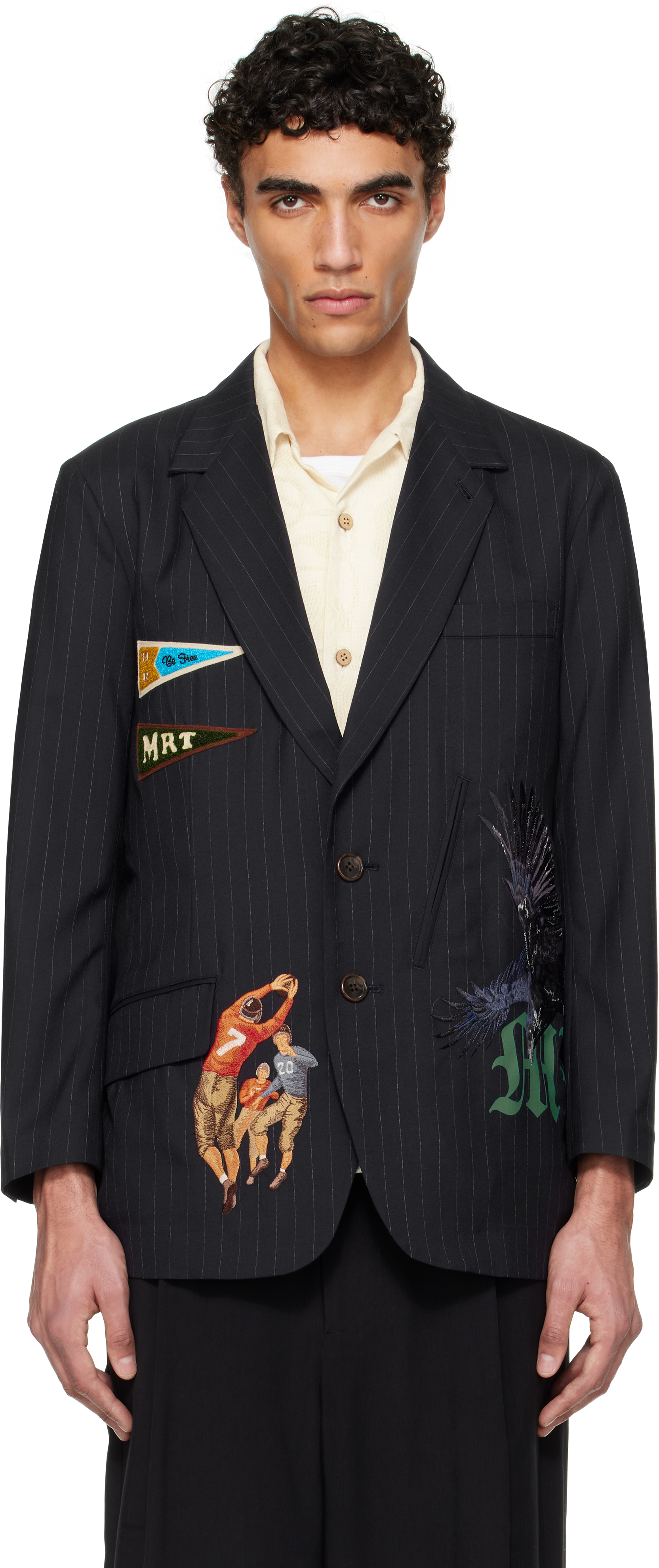 Navy Pinstripe-Pattern Blazer