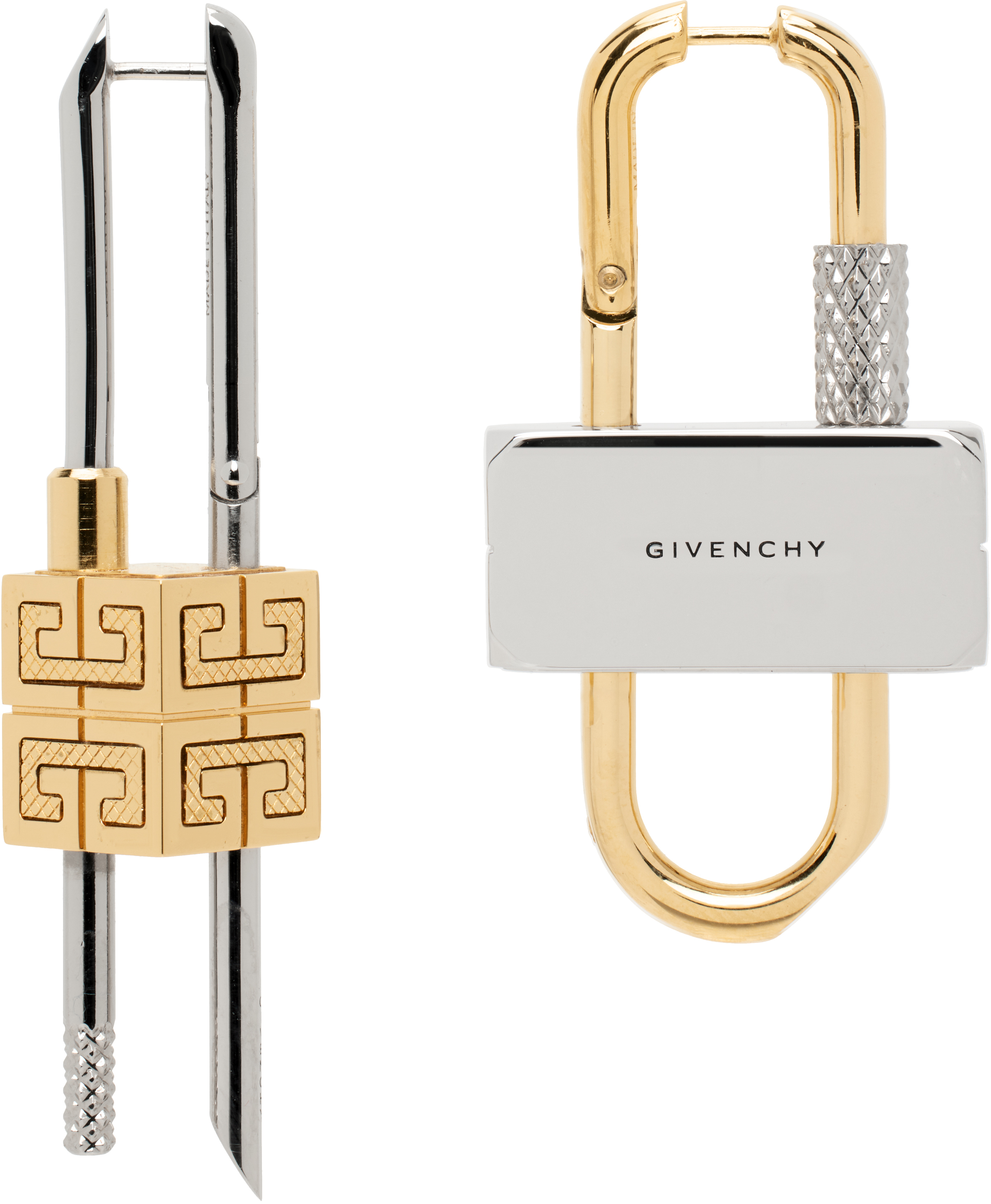 Givenchy: ゴールド＆シルバー Lock アシンメトリー ピアス | SSENSE 日本