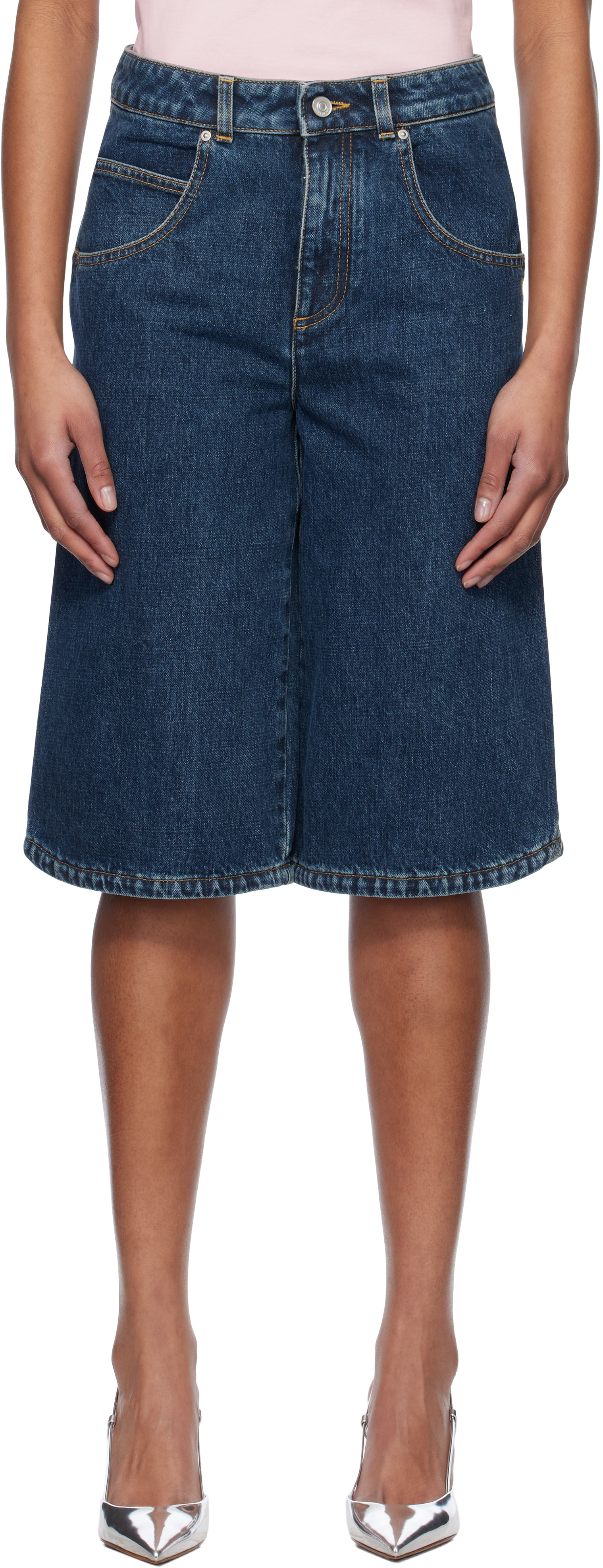 Blue Curved Side Denim Shorts