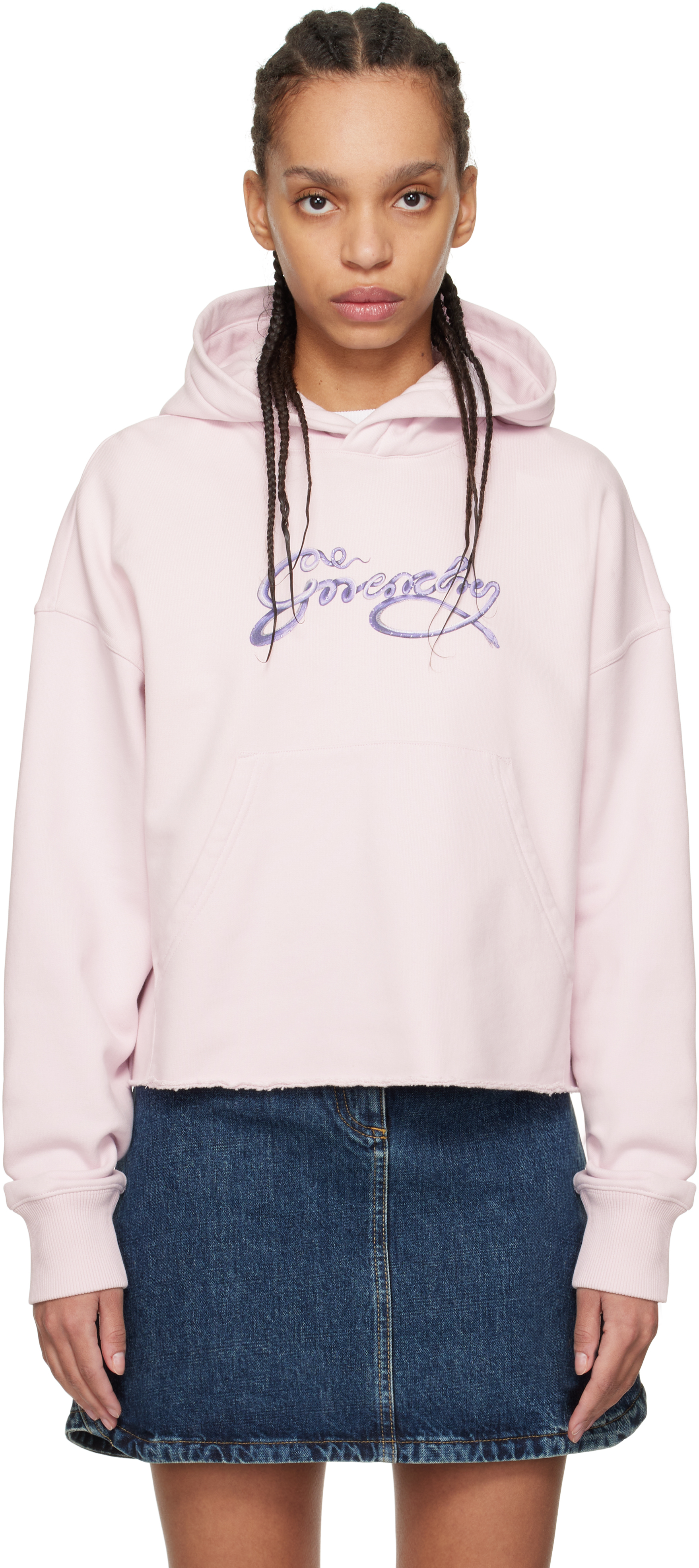 Pink Cropped 'GIVENCHY' Snake Print Fleece Hoodie