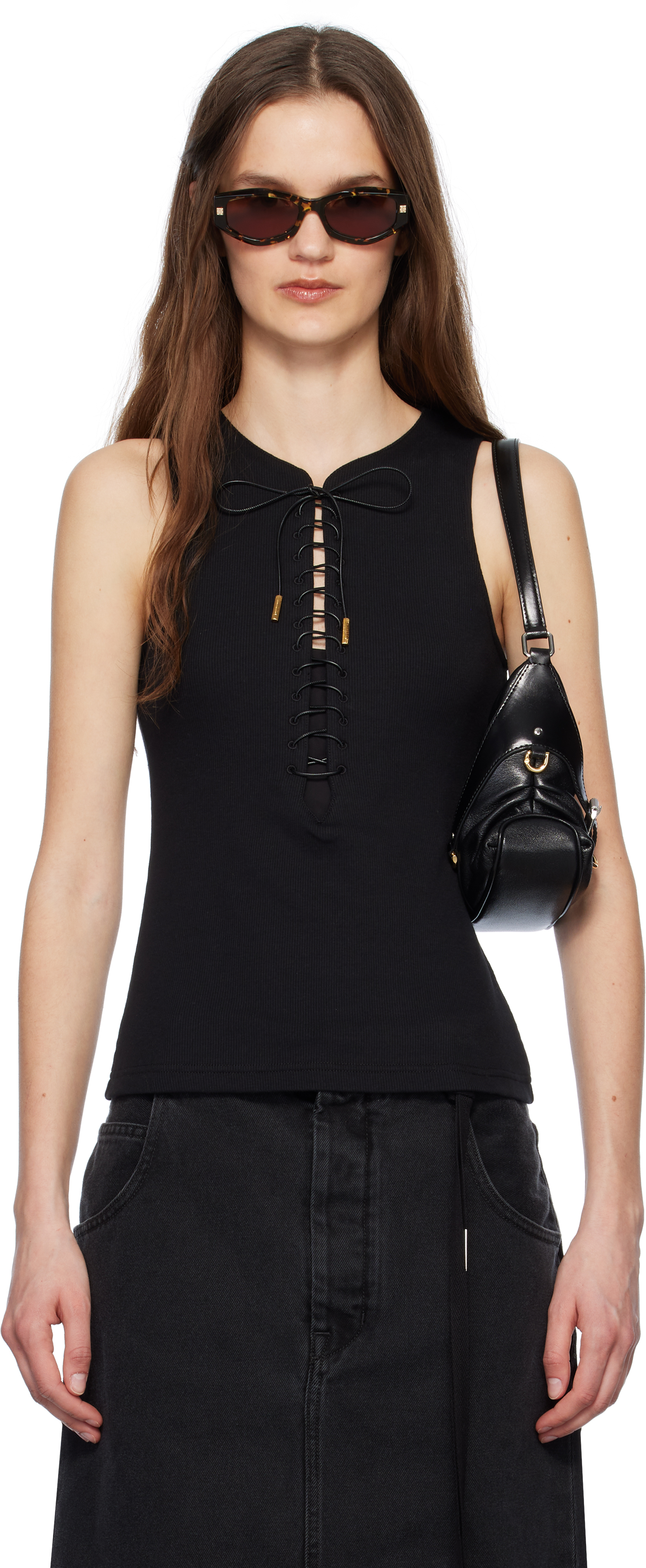 Black Slim Fit Laces Detail 4G Tank Top