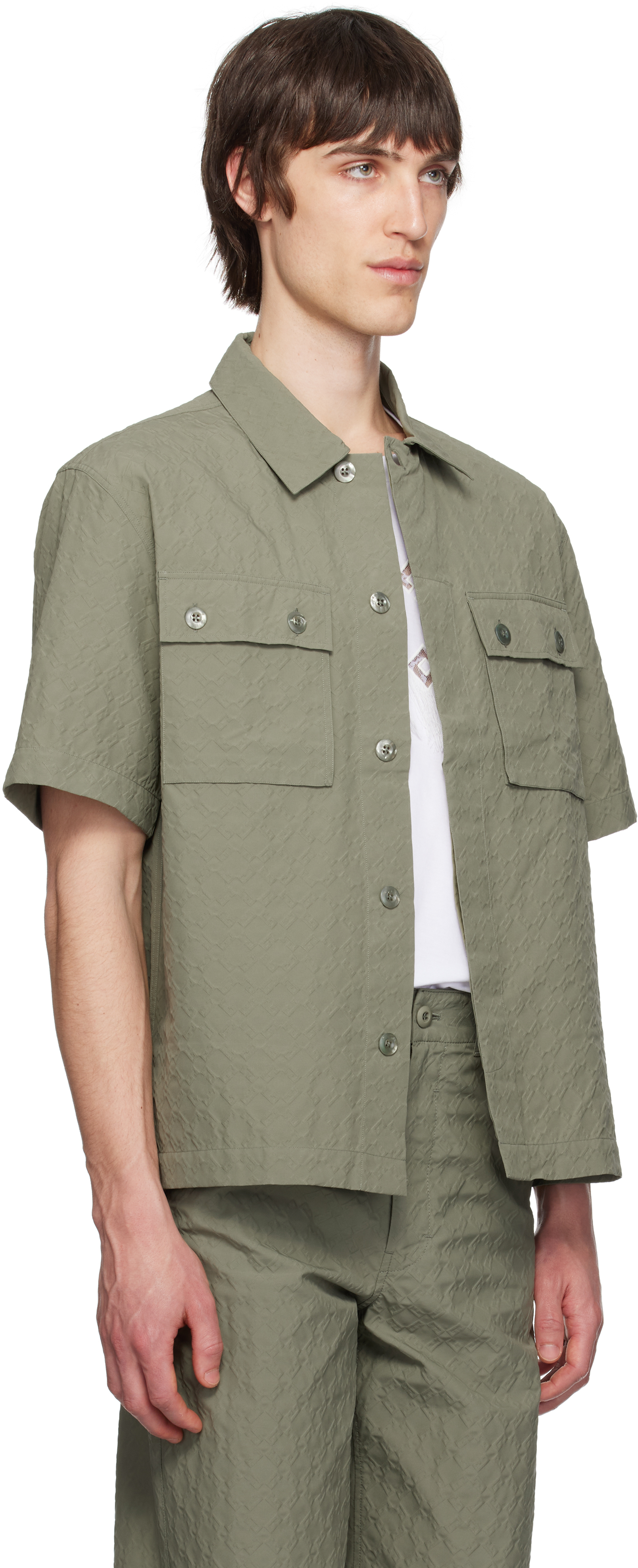 Givenchy Boxy Monogram 72 Embossed Short Sleeve Button-up Shirt In 331-almond Green
