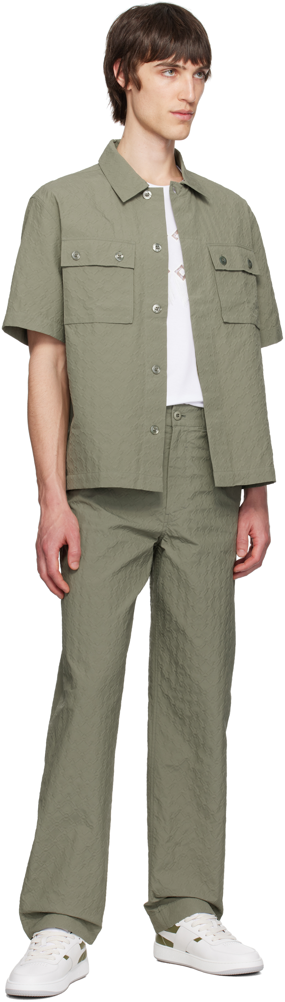 Givenchy Boxy Monogram 72 Embossed Short Sleeve Button-up Shirt In 331-almond Green