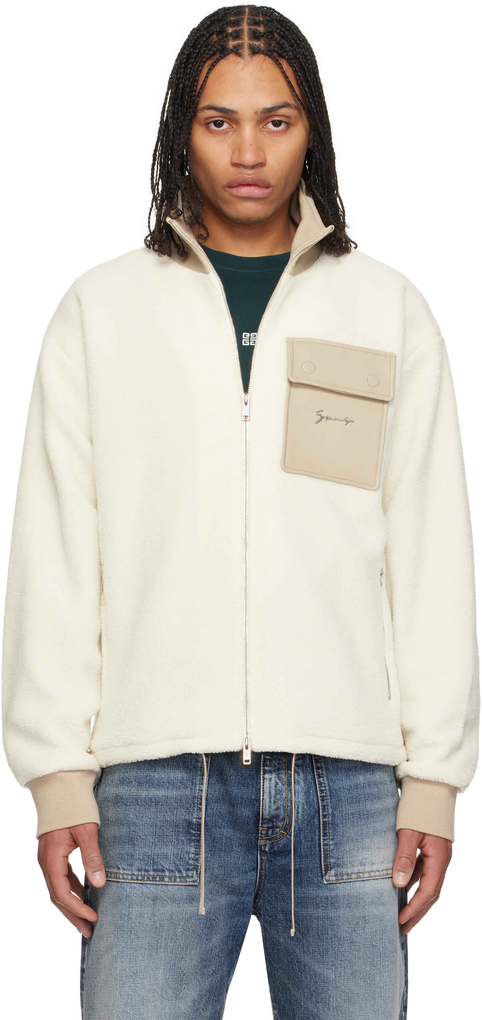 White Fleece & Leather Zipped Jacket