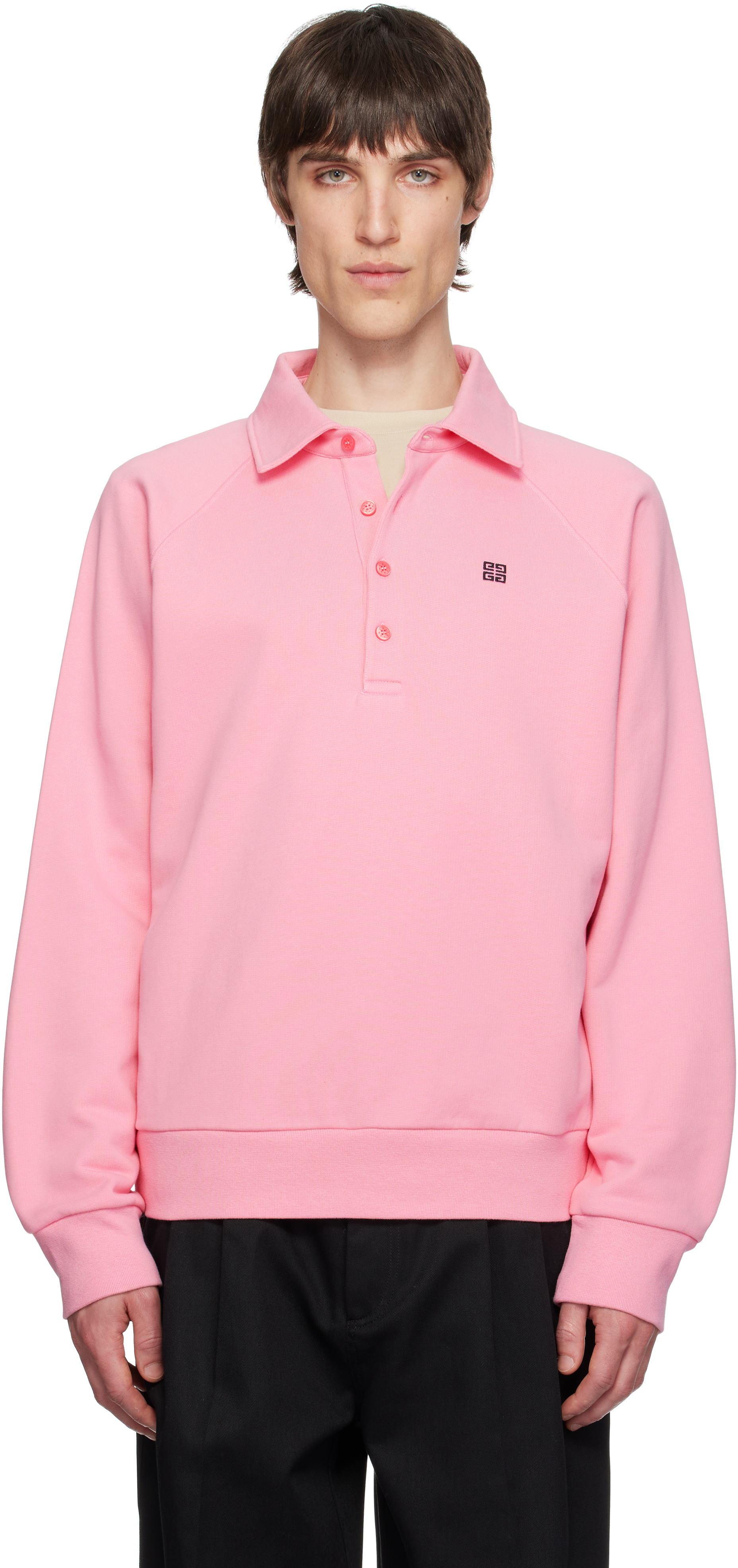 Pink 4G Buttoned Raglan Long Sleeves Polo