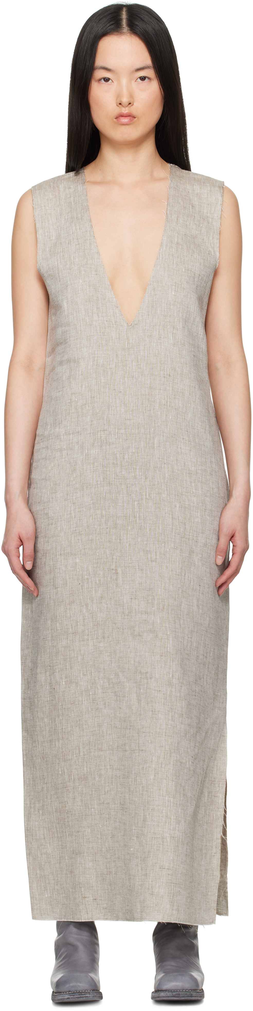 Gabriela Coll Garments Gray No.61 Linen V-neck Midi Thatdress In 52 - Grey Melange