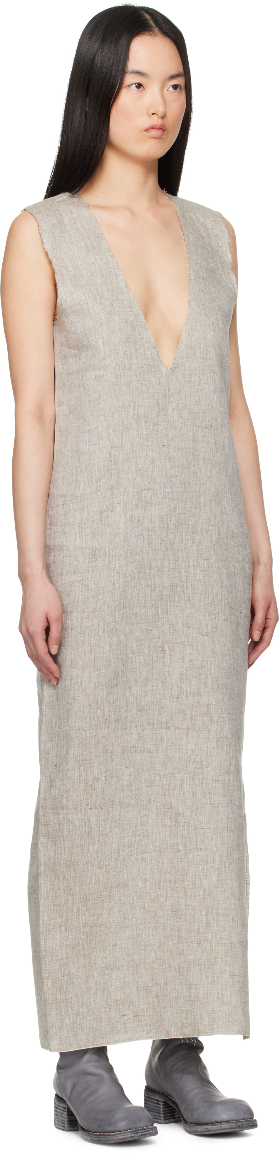 Gabriela Coll Garments Gray No.61 Linen V-neck Midi Thatdress In 52 - Grey Melange