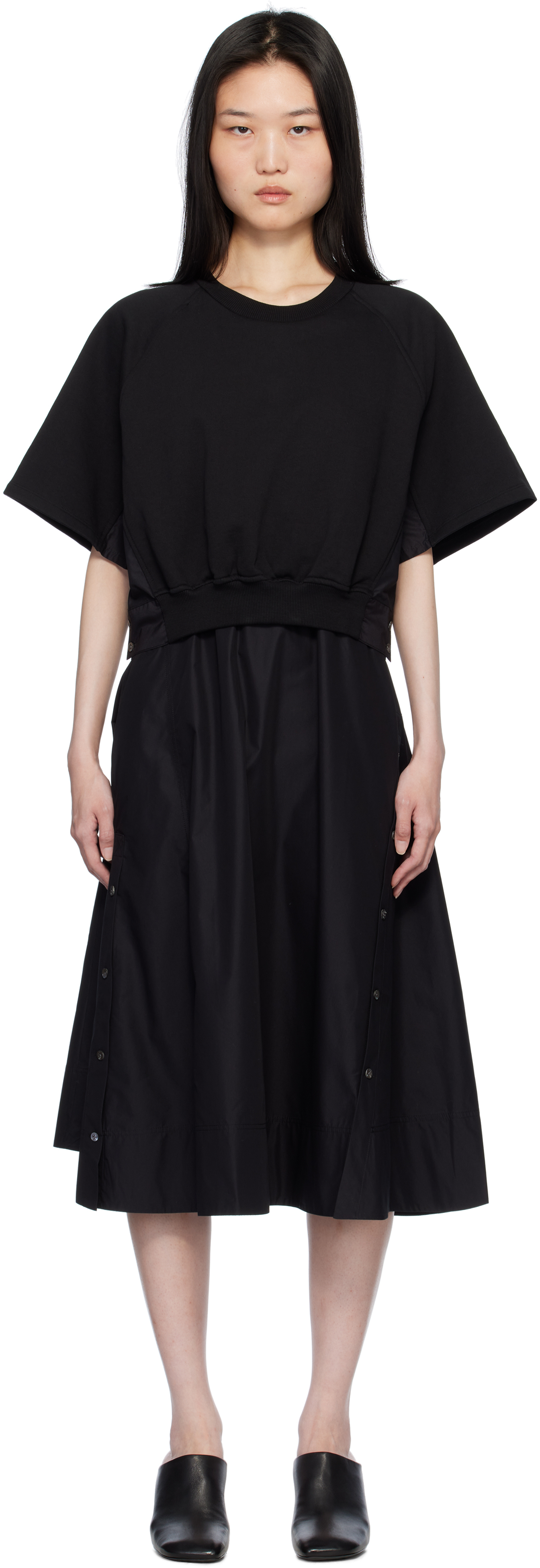 3.1 Phillip Lim Black Short Sleeve French Terry Combo Midi Dress In Black