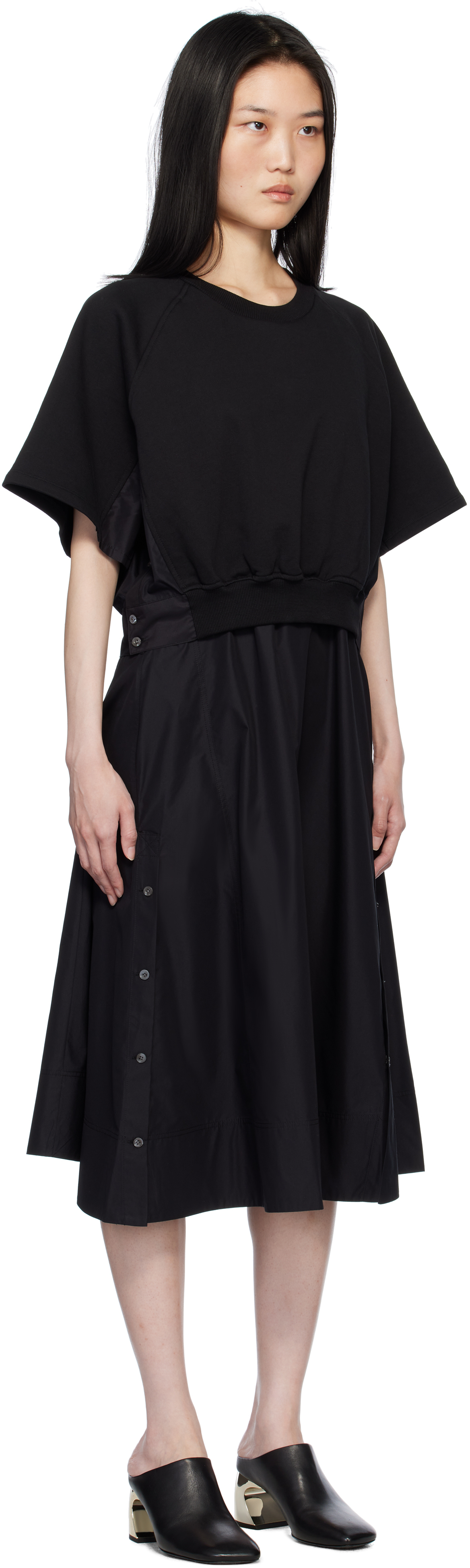 3.1 Phillip Lim Black Short Sleeve French Terry Combo Midi Dress In Black