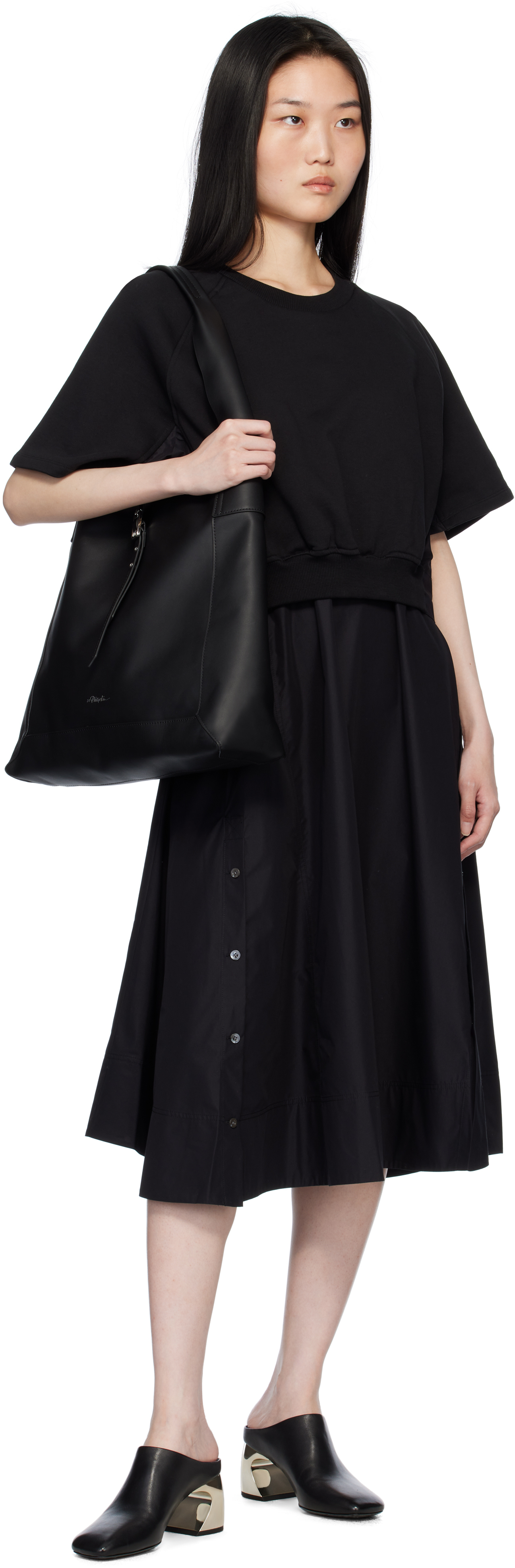 3.1 Phillip Lim Black Short Sleeve French Terry Combo Midi Dress In Black