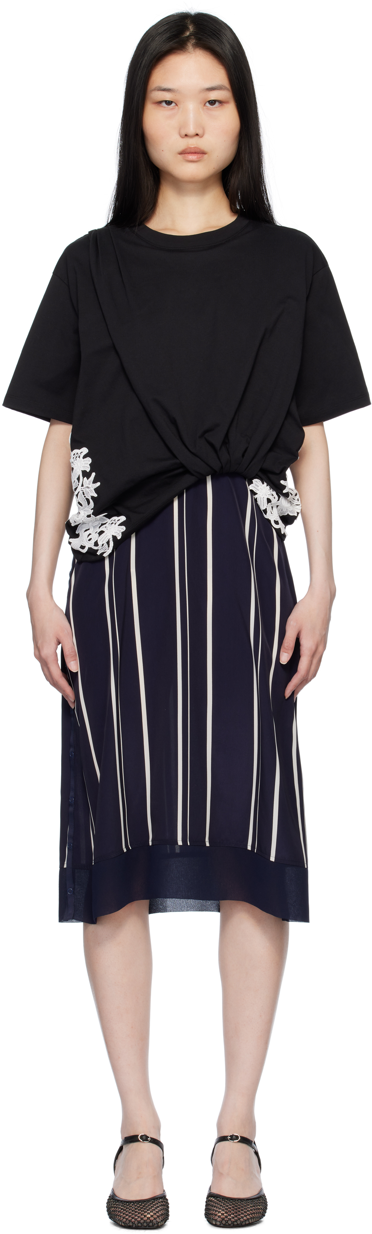 3.1 Phillip Lim Black & Navy Draped T-shirt Slip Combo Midi Dress In Black-midnight Multi