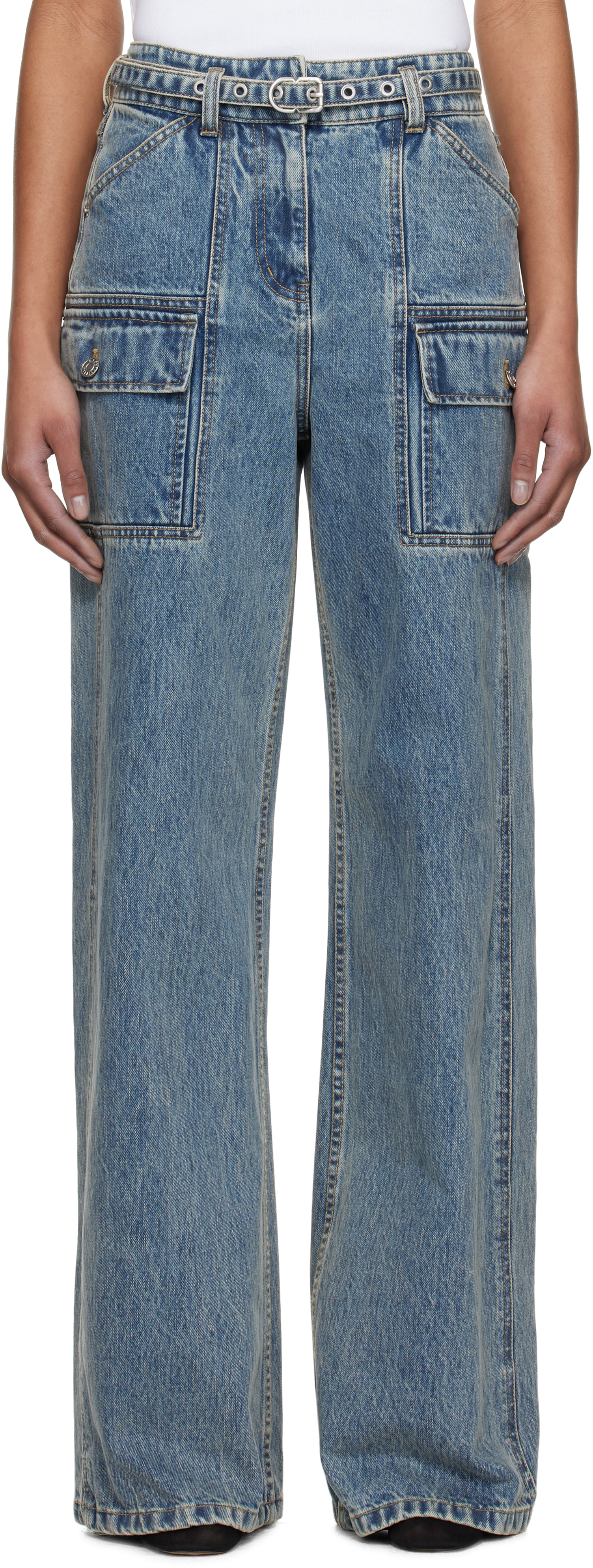 Shop 3.1 Phillip Lim Blue Wide-leg Belted Cargo Jeans In Washed Indigo
