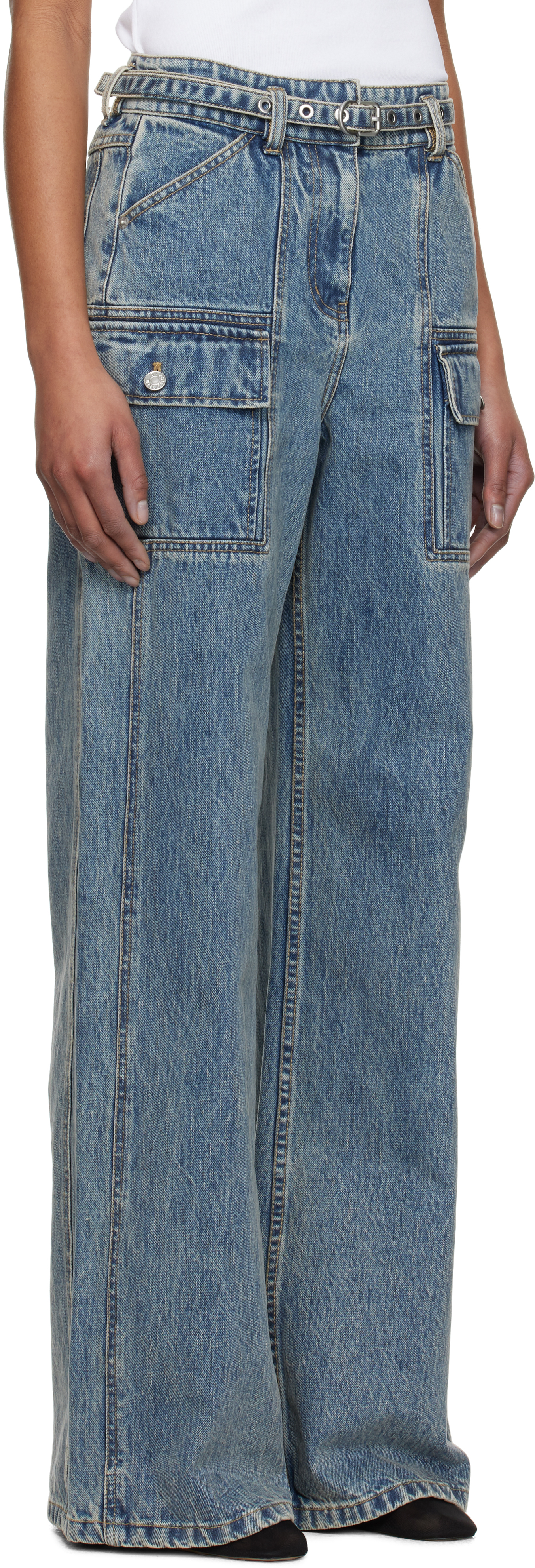 Shop 3.1 Phillip Lim Blue Wide-leg Belted Cargo Jeans In Washed Indigo