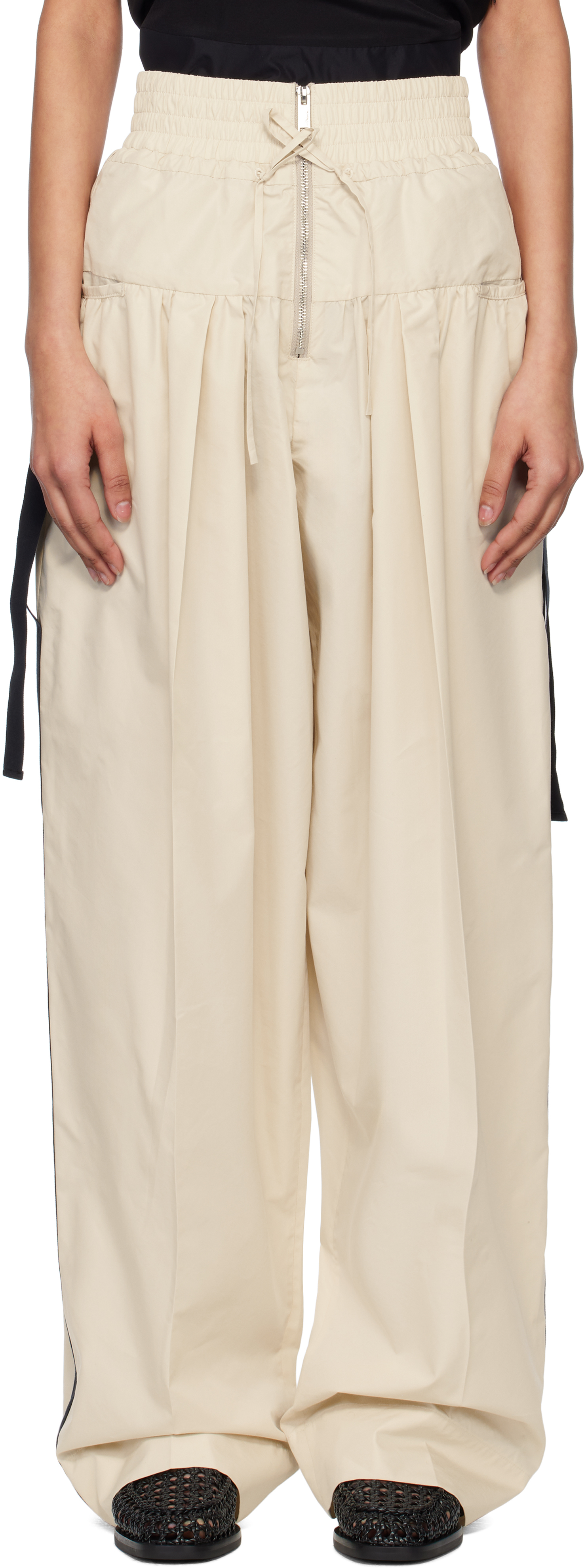 Beige Wide-Leg Pleated Pocket Trousers