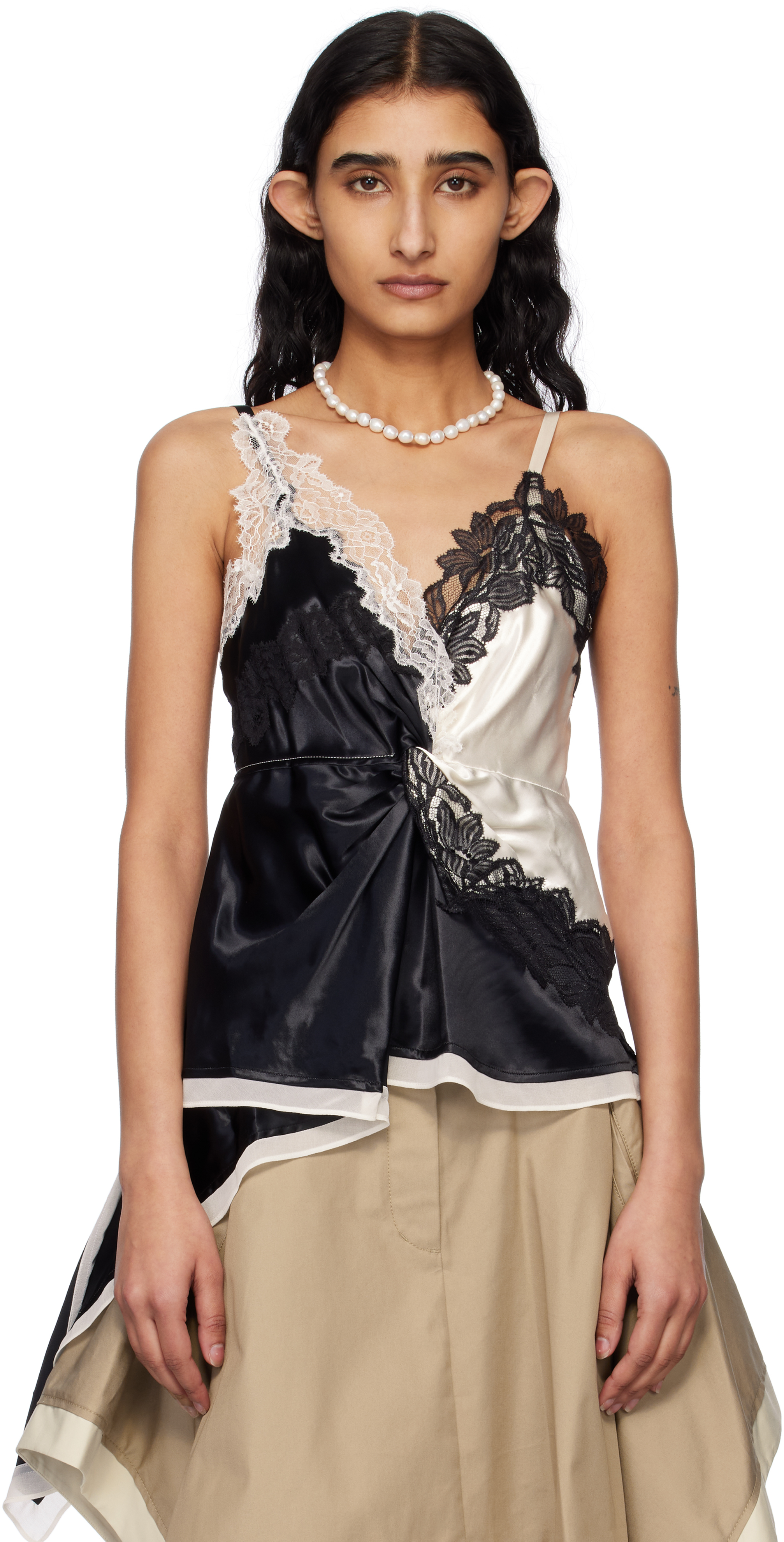 Black & Off-White Liquid Satin Twist Camisole