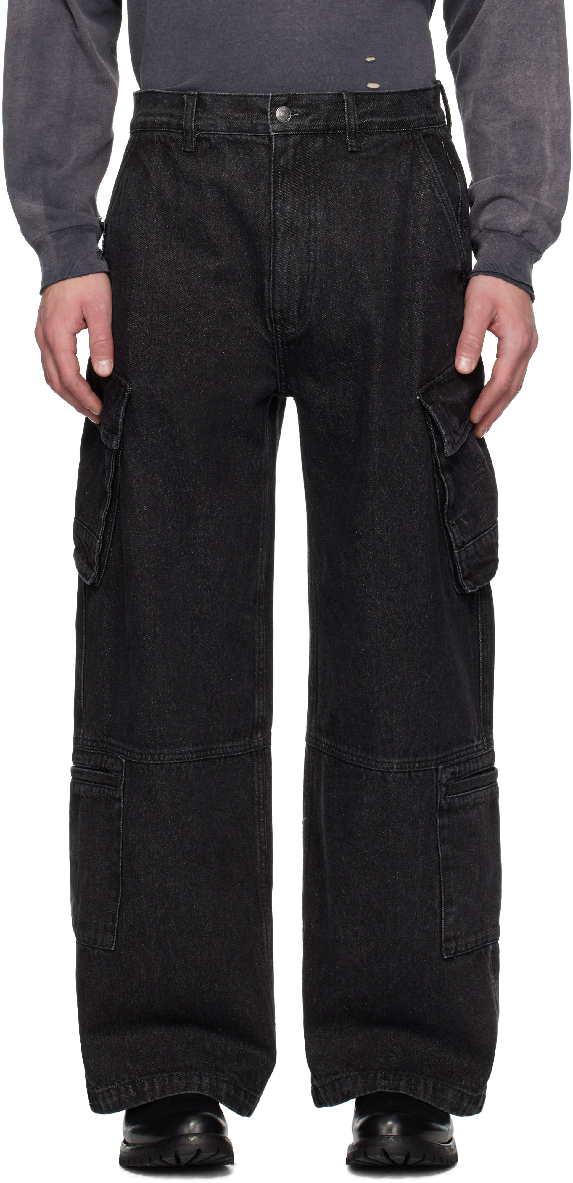 Black Faded Denim Cargo Pants