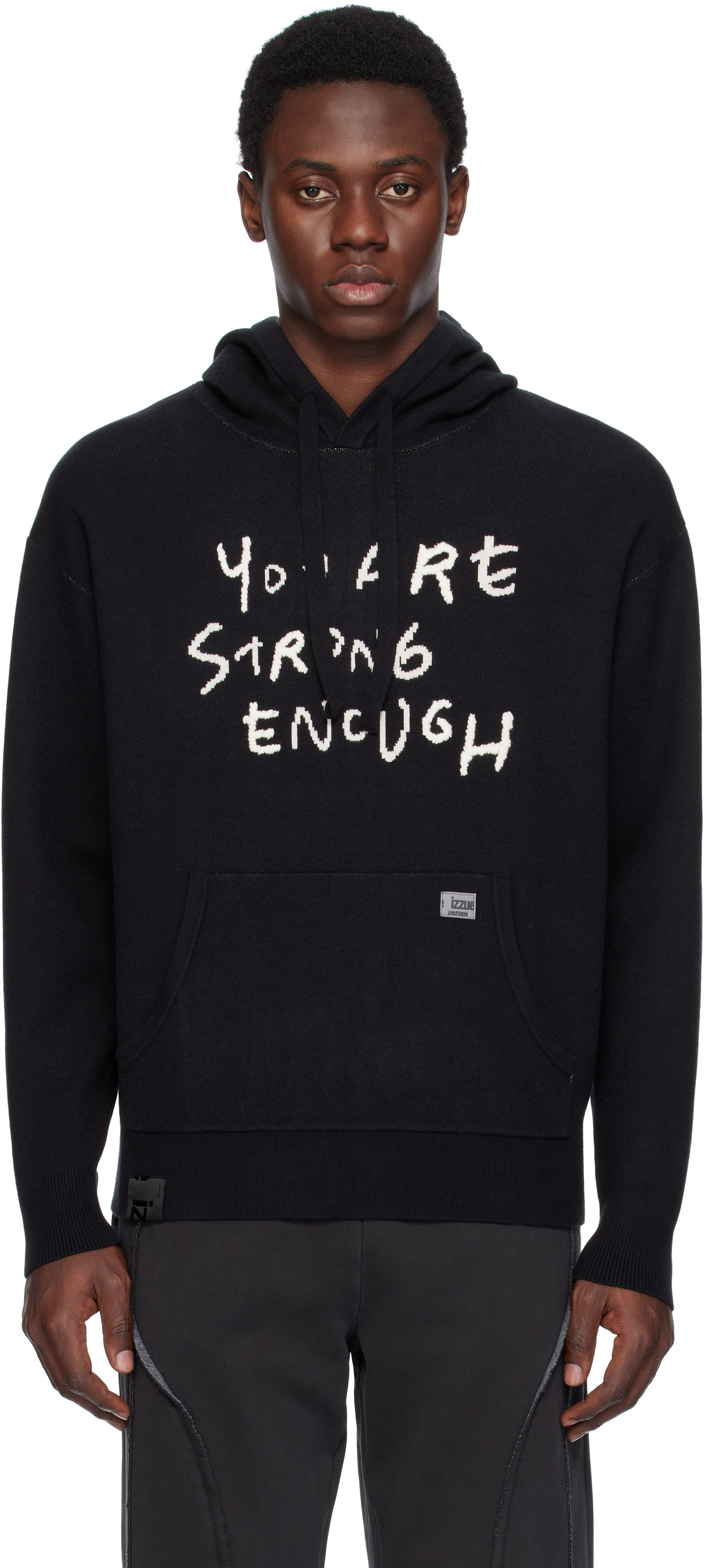 Black Slogan Knit Hoodie