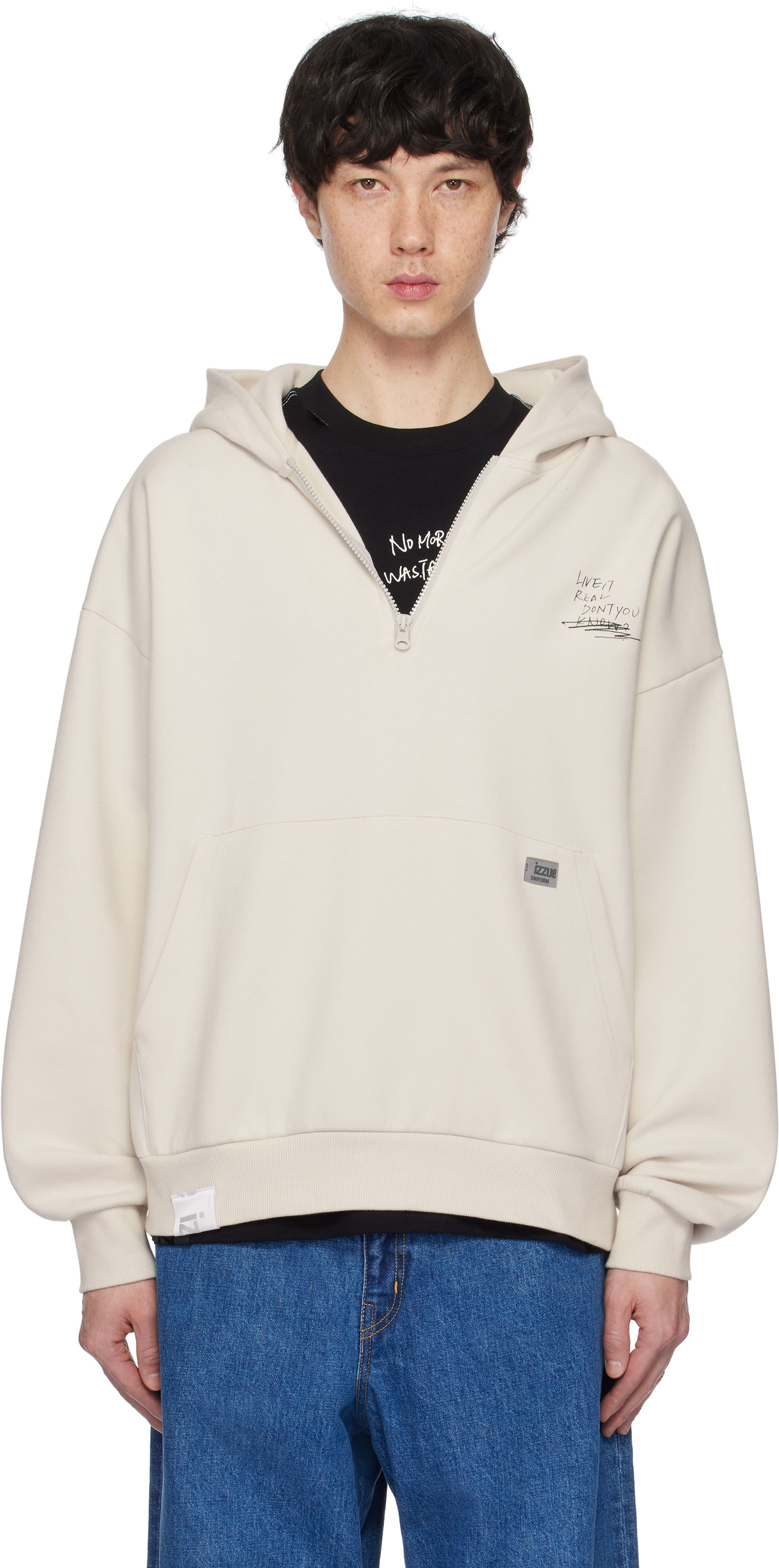 Beige Graphic Print Zip Hoodie