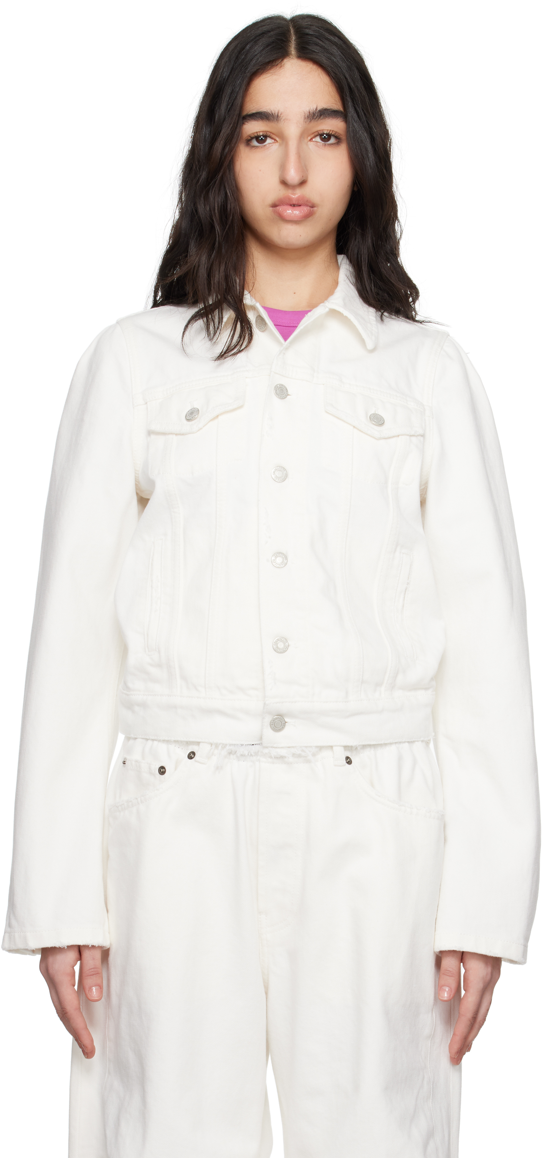 White Molded Shoulder Denim Jacket by ALAINPAUL on Sale