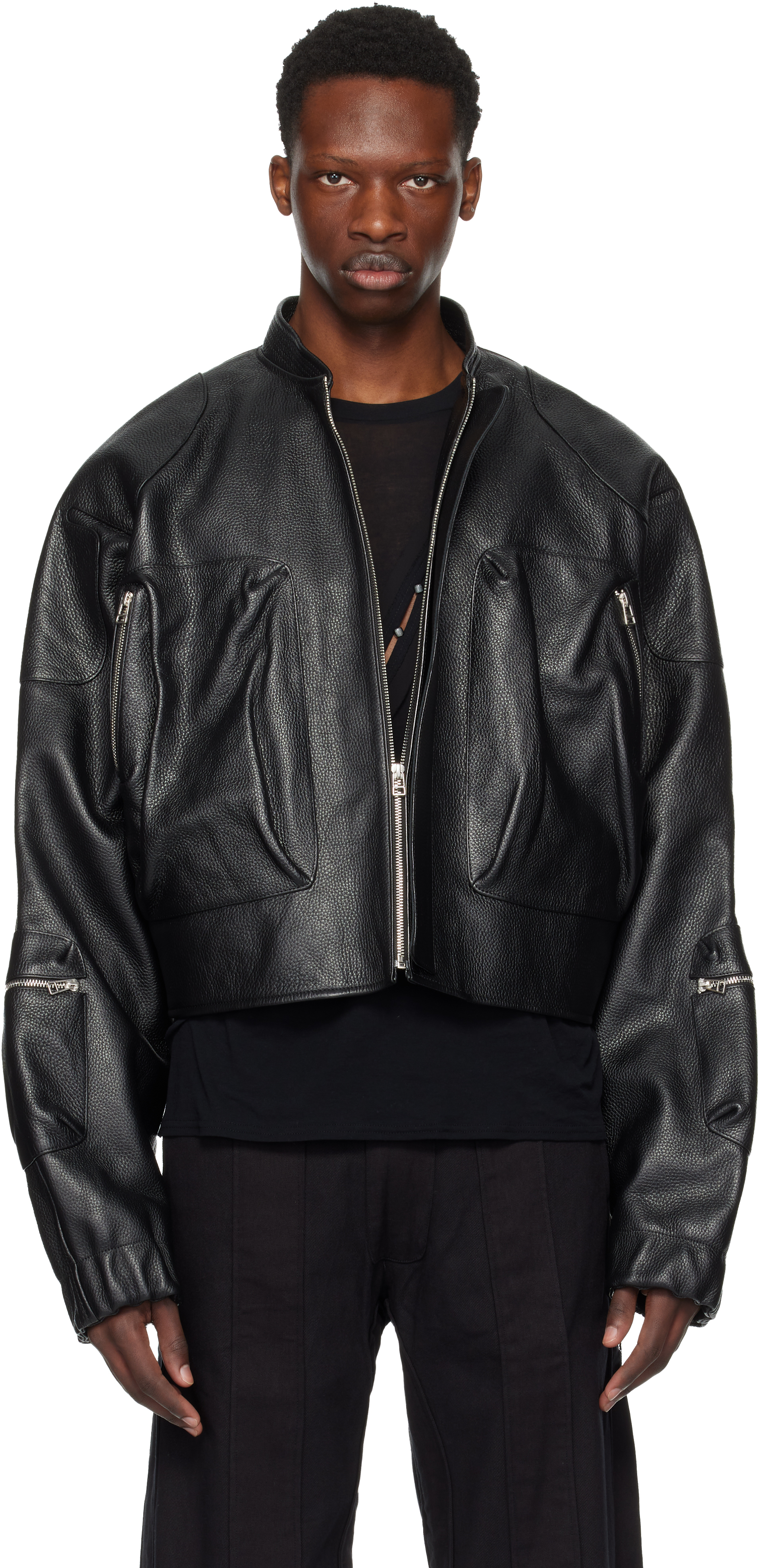 Shop Tondolo Black Ecco Leather Bomber Jacket