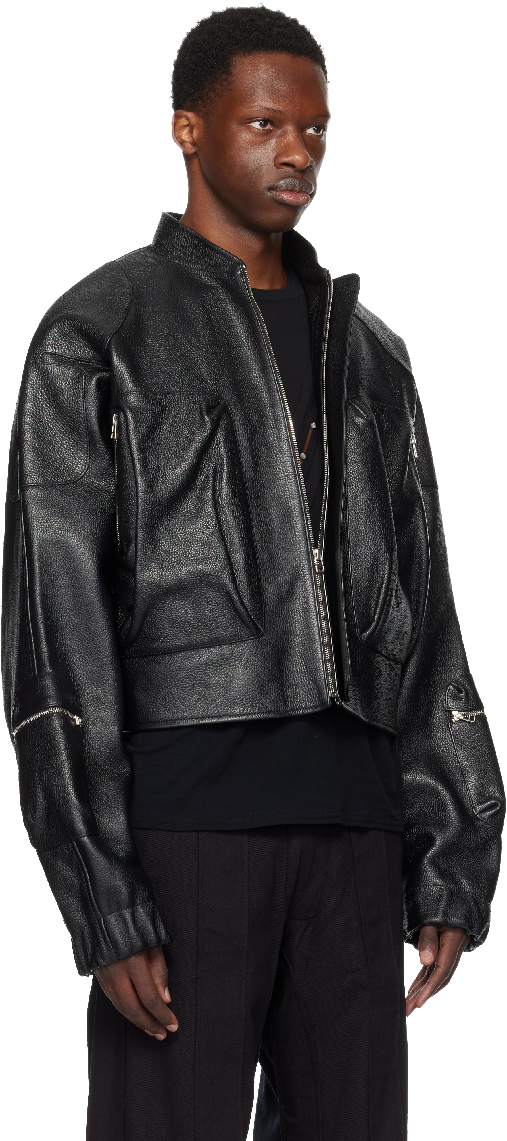 Shop Tondolo Black Ecco Leather Bomber Jacket