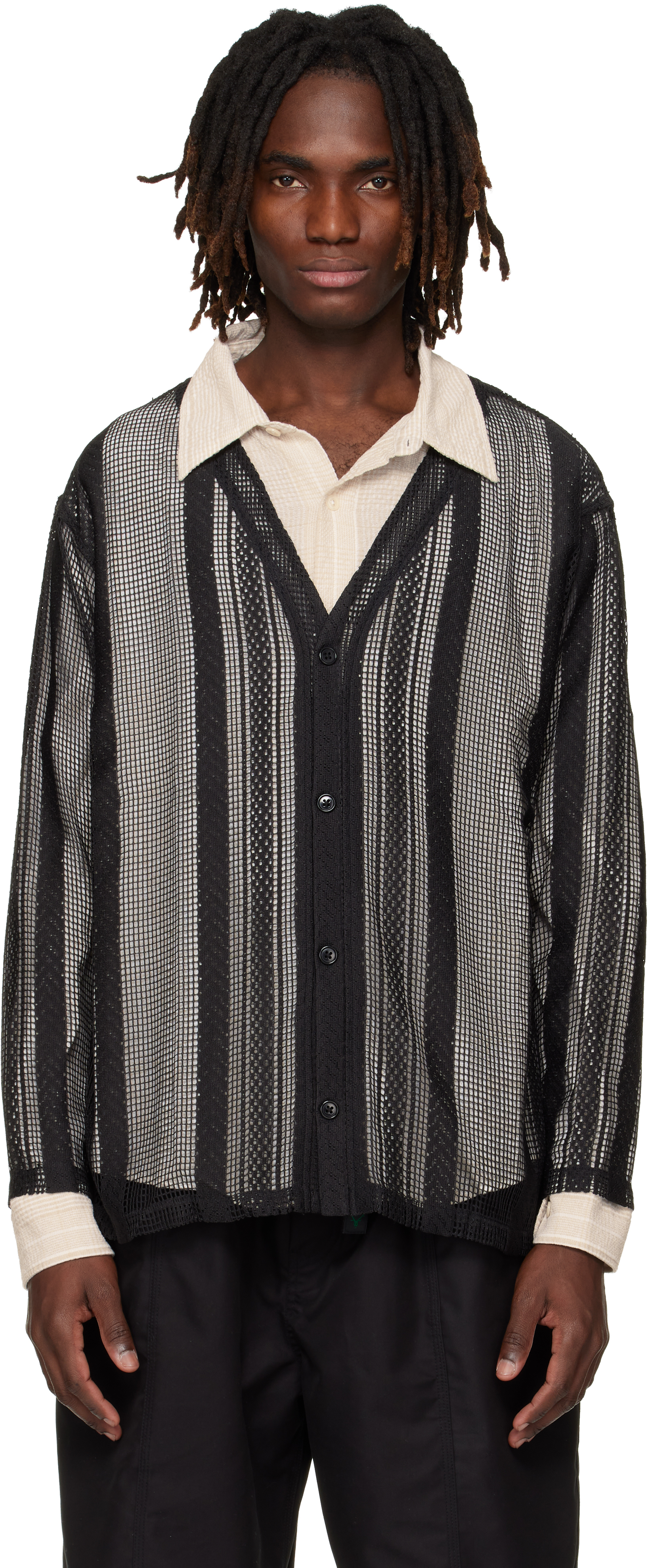 South2 West8: Black Poly Lace V-neck Cardigan | SSENSE