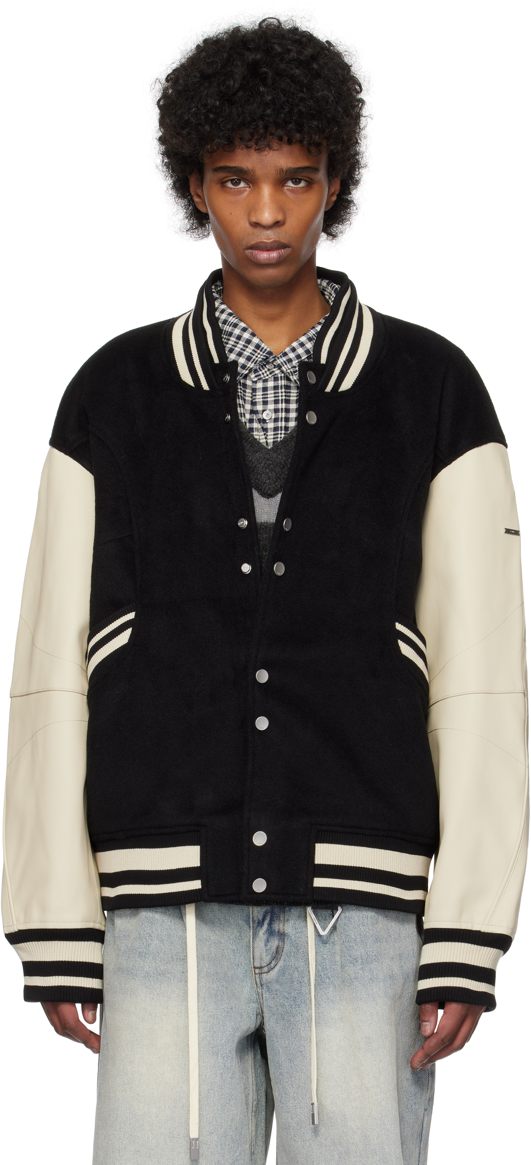 Black Curvilinear Varsity Bomber Jacket