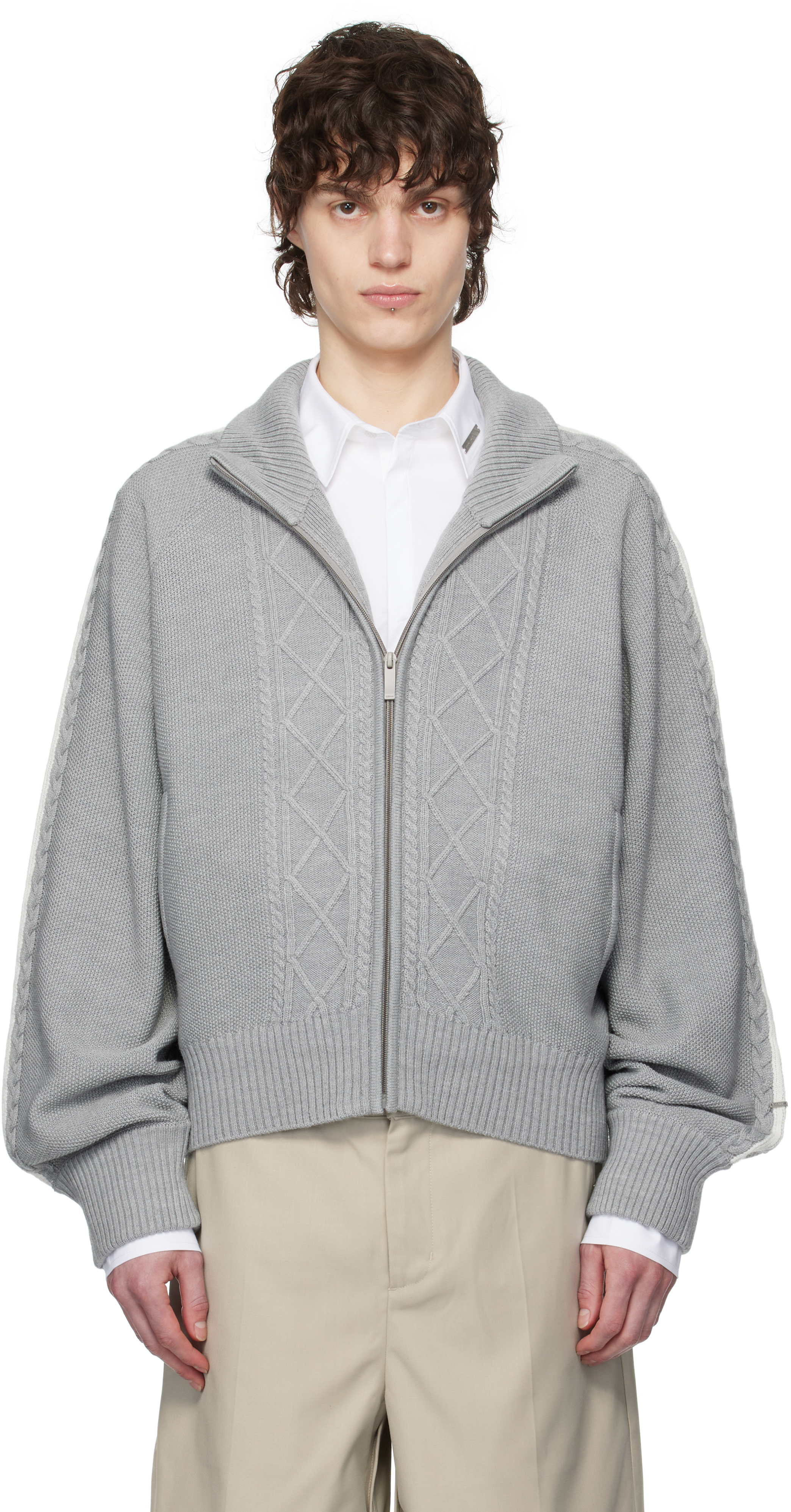 Gray Fair Isle Knit Zip Jacket