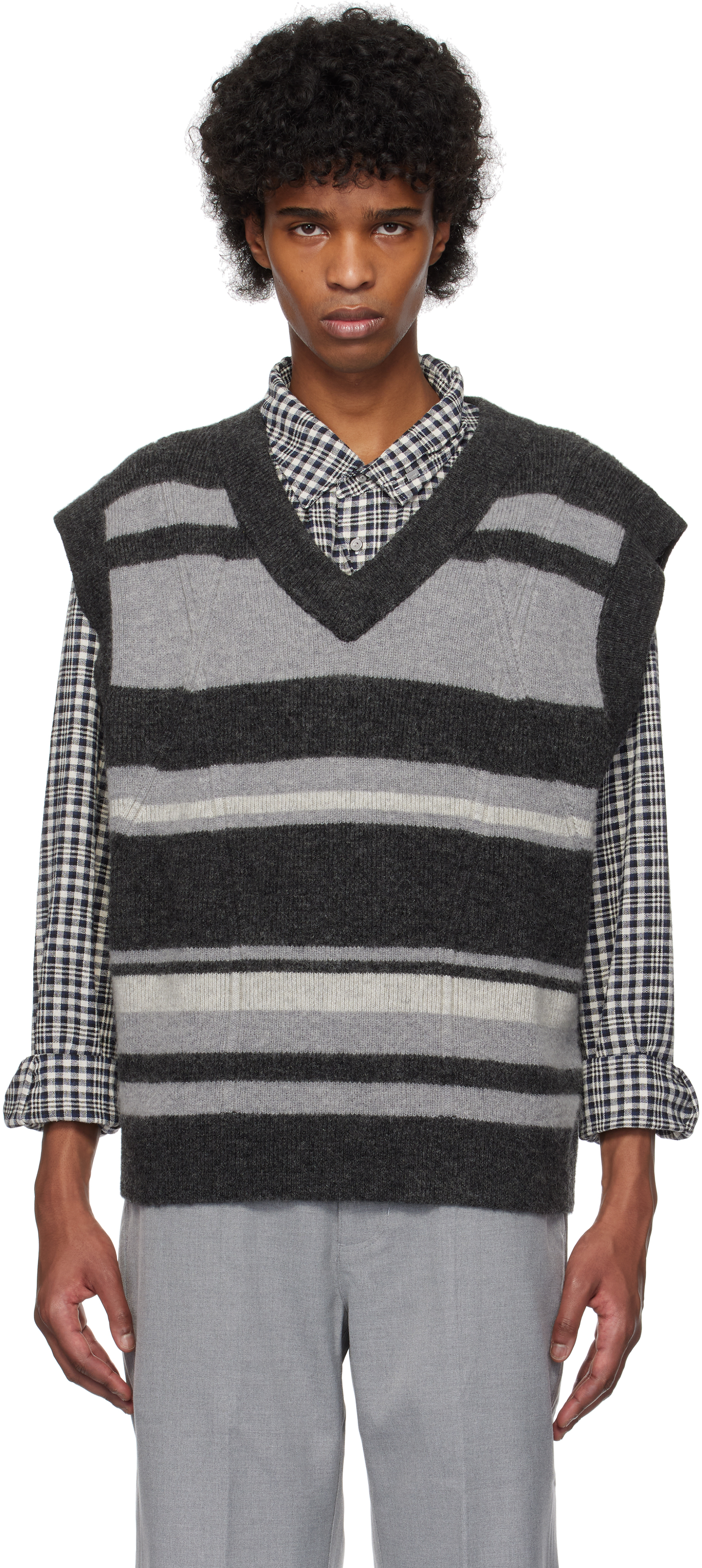 Gray & Black Hollow Out V-Neck Knit Vest