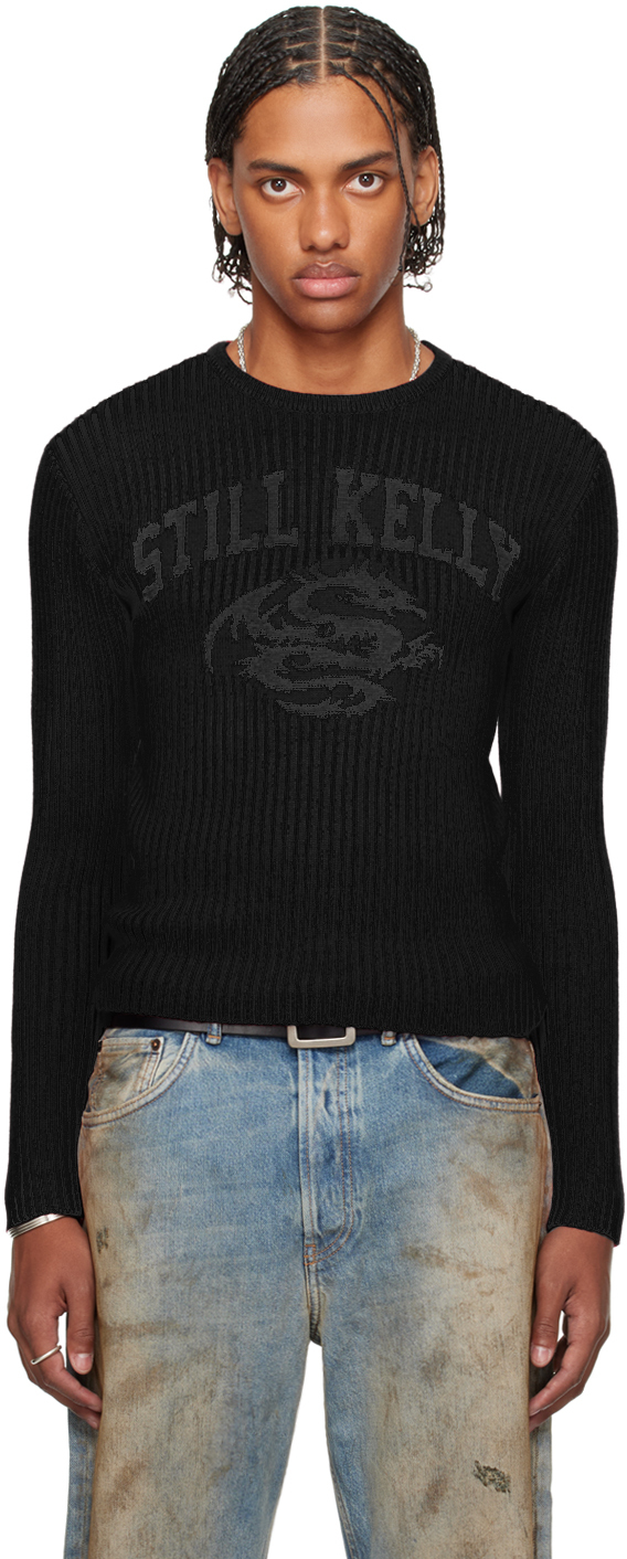 Shop Still Kelly Black Crewneck Rib Sweater In Black / Grey