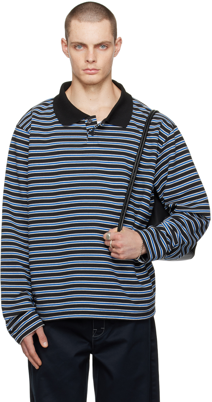 Shop Still Kelly Black & Blue Striped Sweatshirt Polo In Black / White / Blue