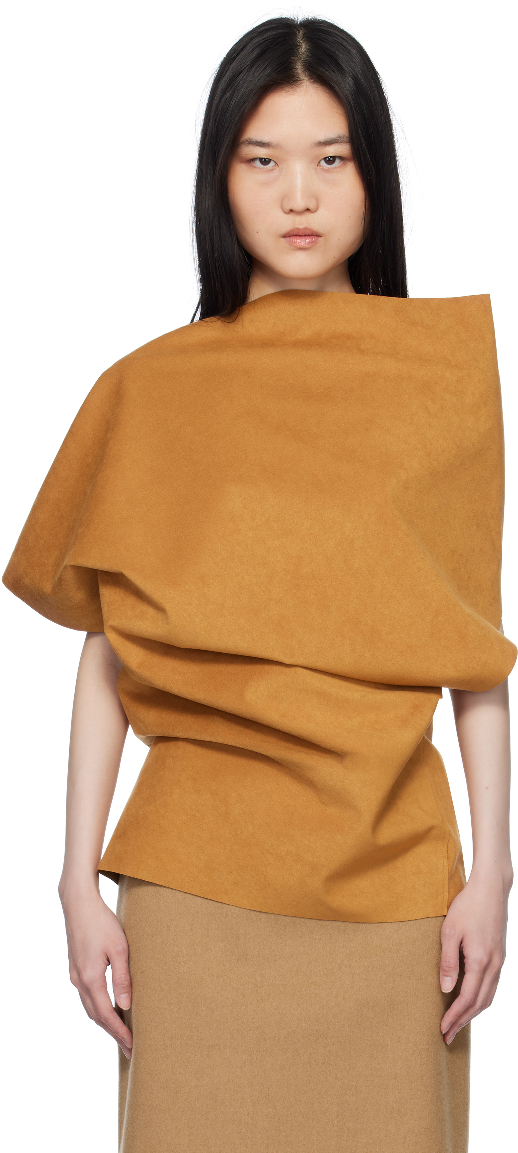 Ao Yes Tan Asymmetric Blouse In Brown