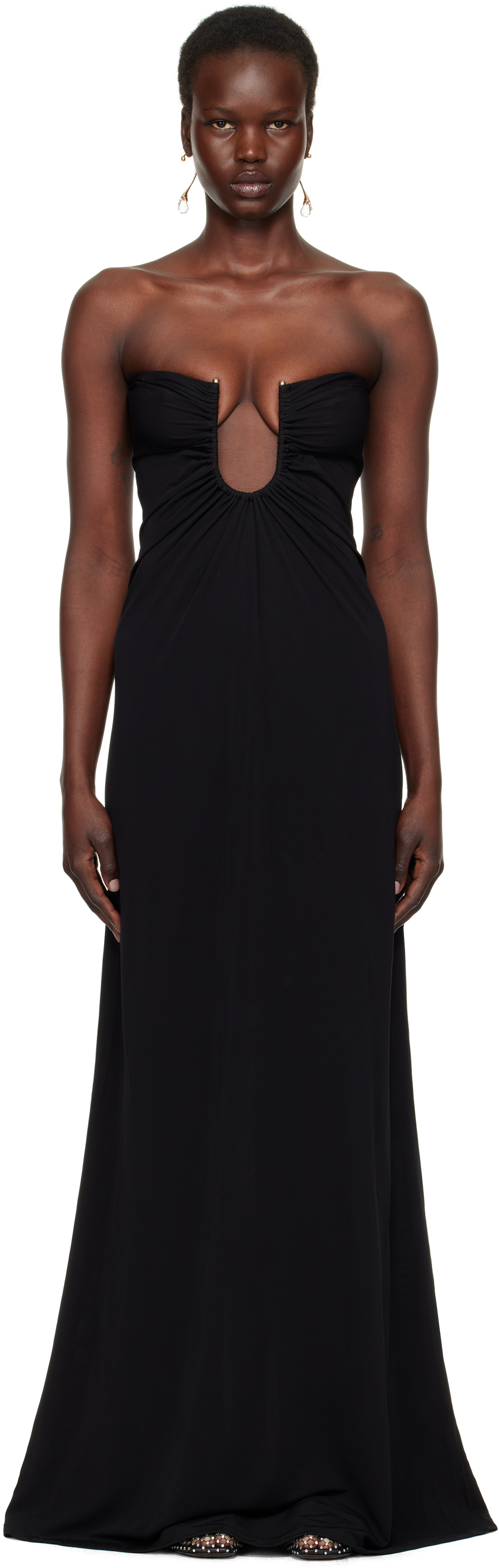 Black Arced Palm Strapless Maxi Dress