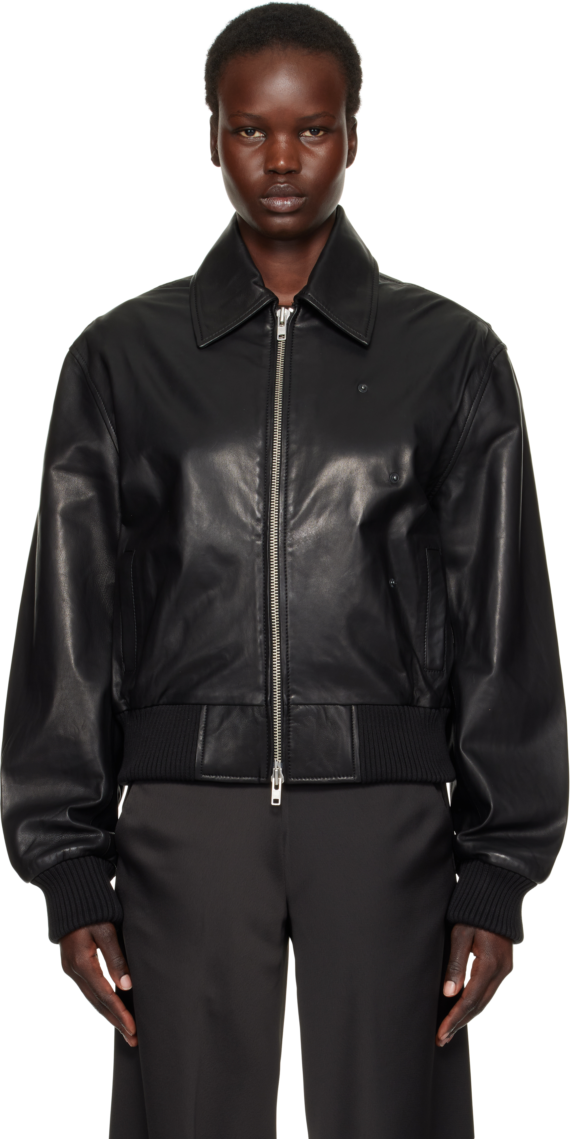 Black Leather Flight Bomber Jacket