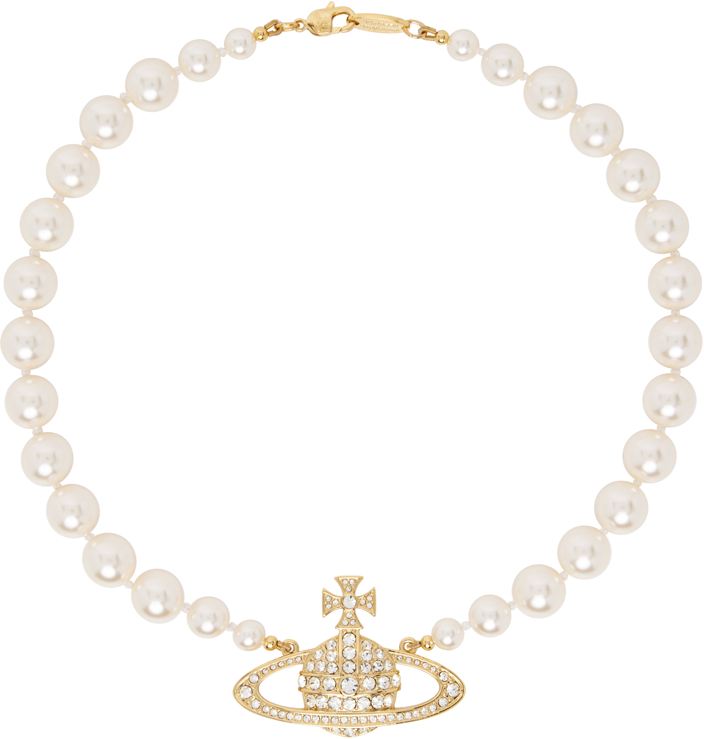 Vivienne Westwood Gold & White One Row Faux-pearl Bas Relief Choker In R202 Gold/cream/crys
