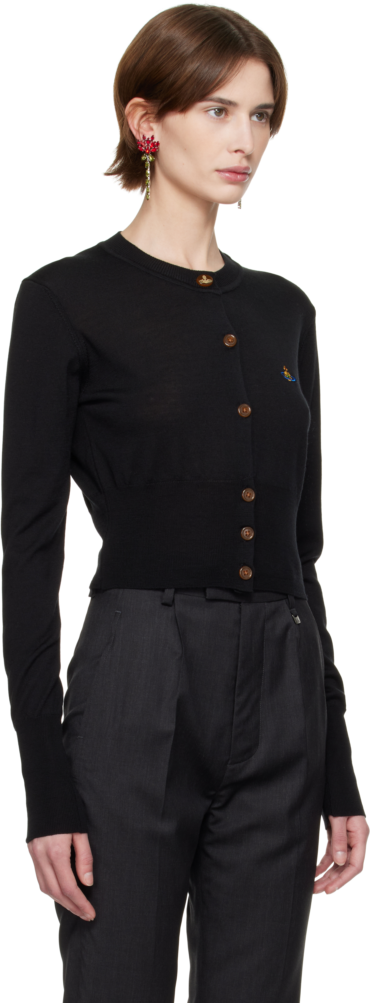 Vivienne Westwood Bea Black Cropped Cardigan With Round Neck And Front Orb Embroidery In Cotton Woman In N402 Black