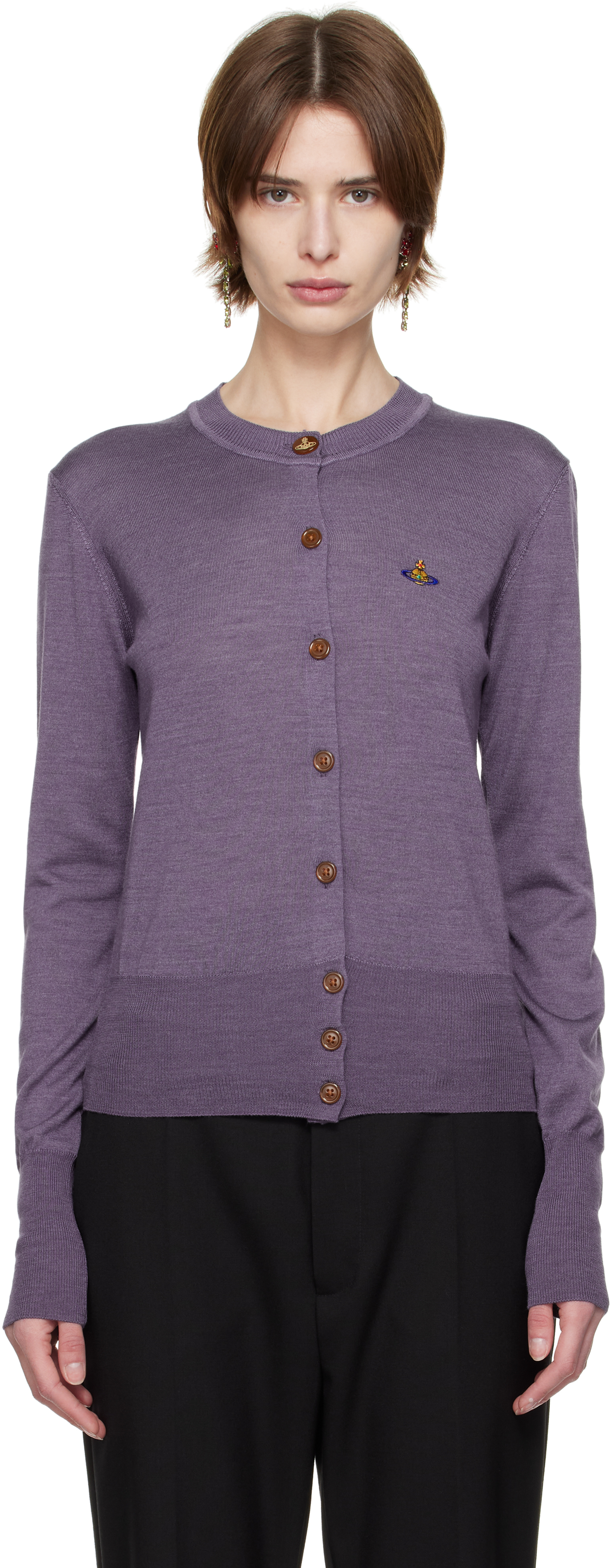 Vivienne Westwood Wool Blend Bea Cardigan With Ribbed Cuffs And Hem In J402 Lavender