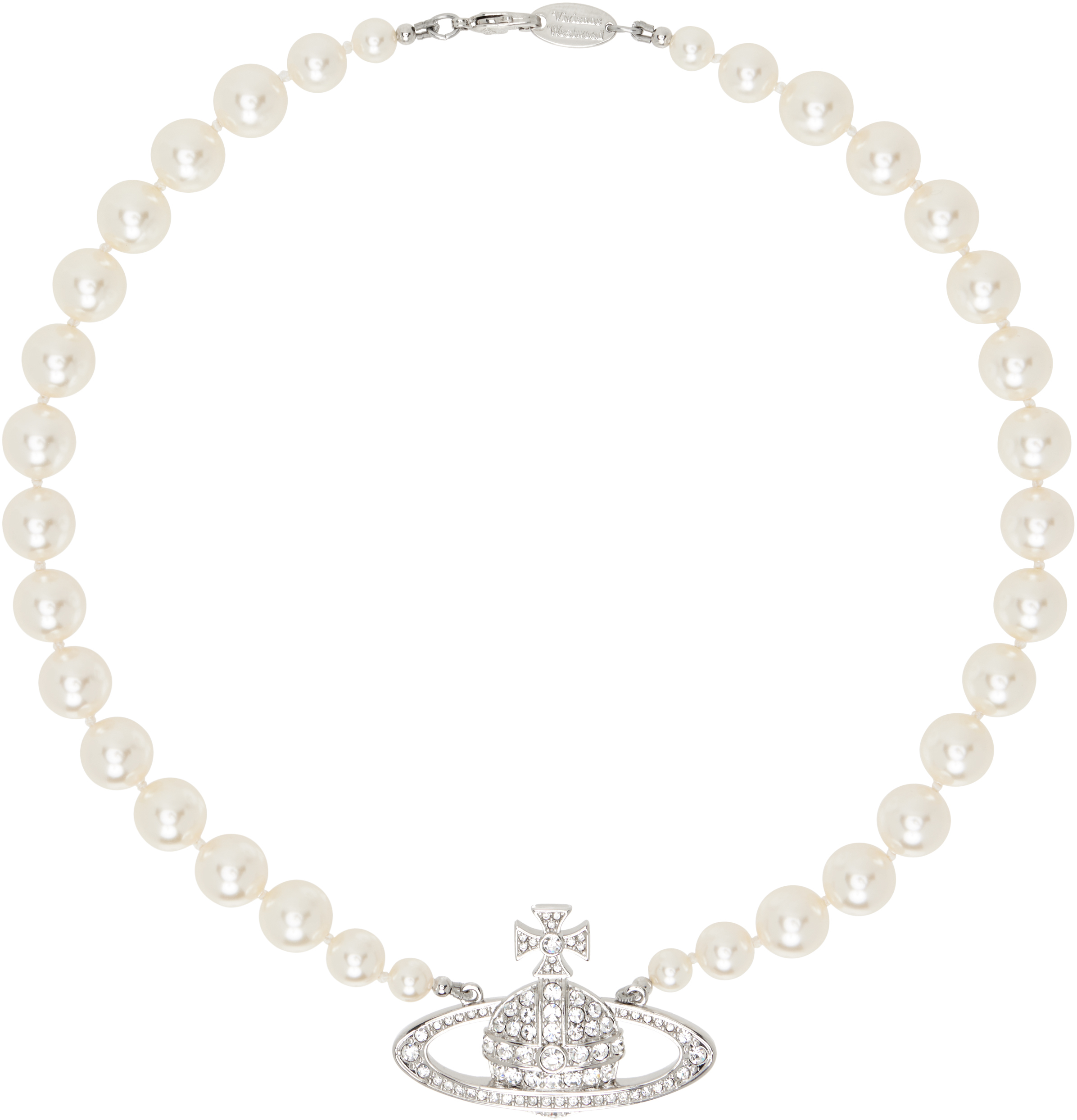 Silver & White One Row Faux-Pearl Bas Relief Choker