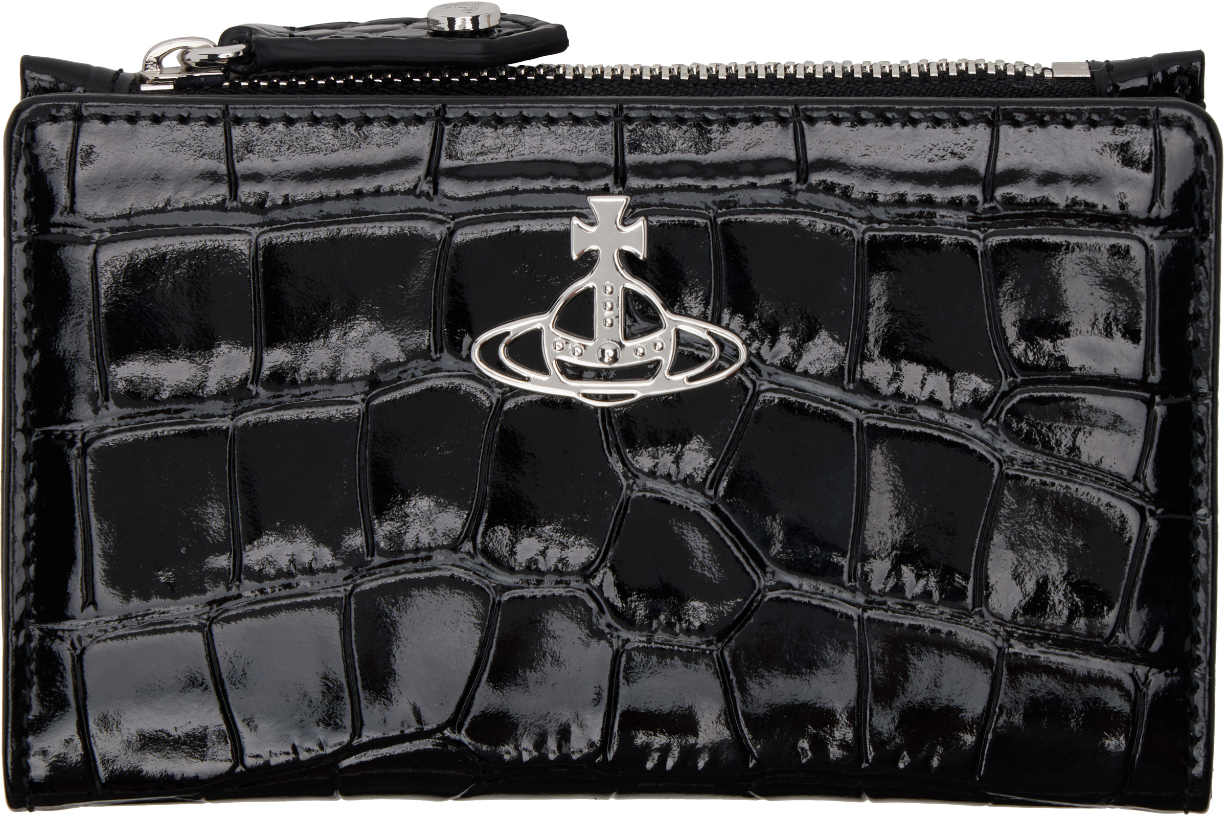 ★Vivienne Westwood★メタリッククリンクルフラップ カード入れ Vivienne Westwoodのブラック クロコダイル スリム フラップ