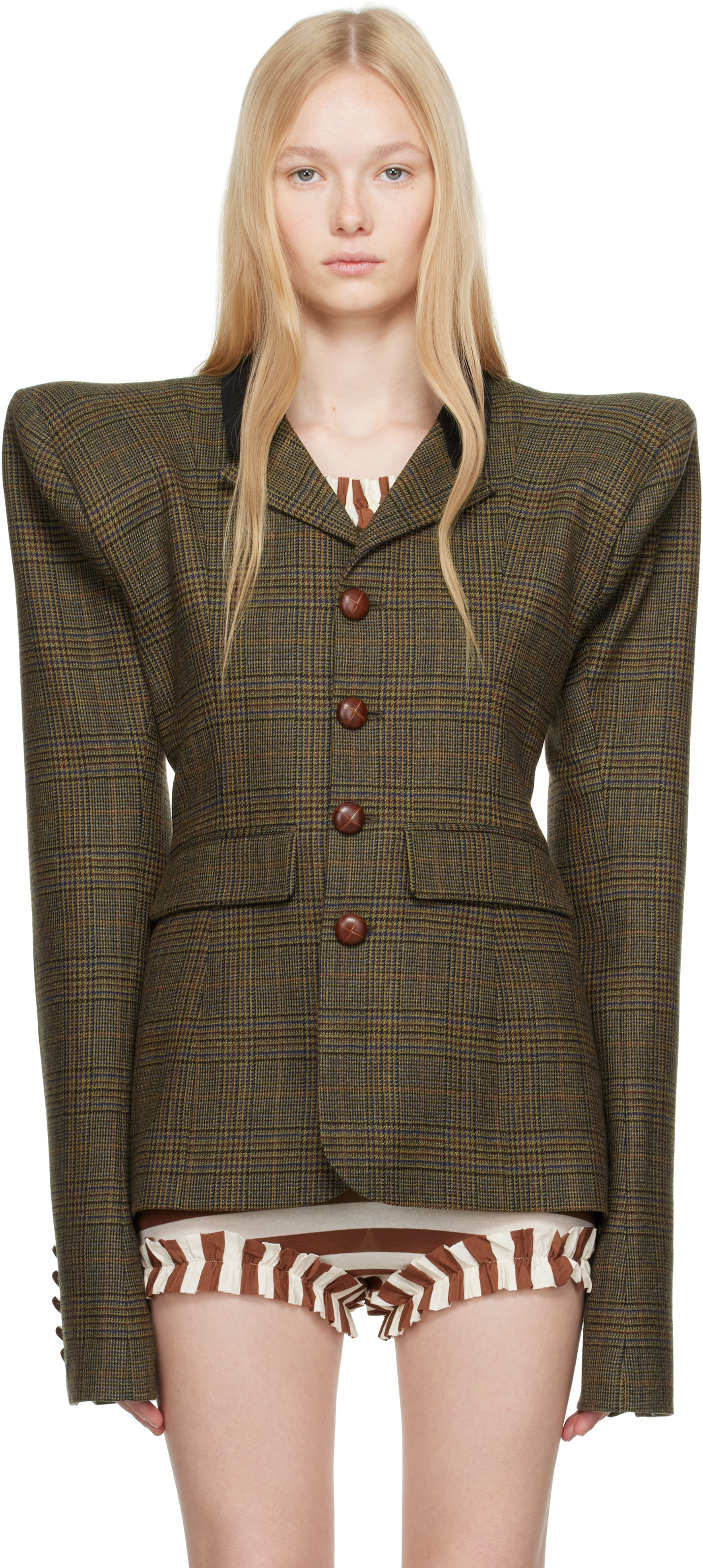 Laura Andraschko Khaki Pagoda Country Side Short Blazer In Beige Tartan