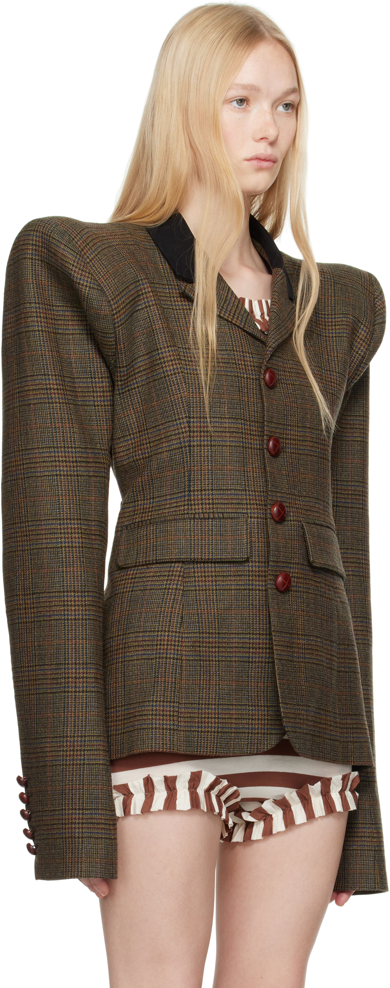 Laura Andraschko Khaki Pagoda Country Side Short Blazer In Beige Tartan