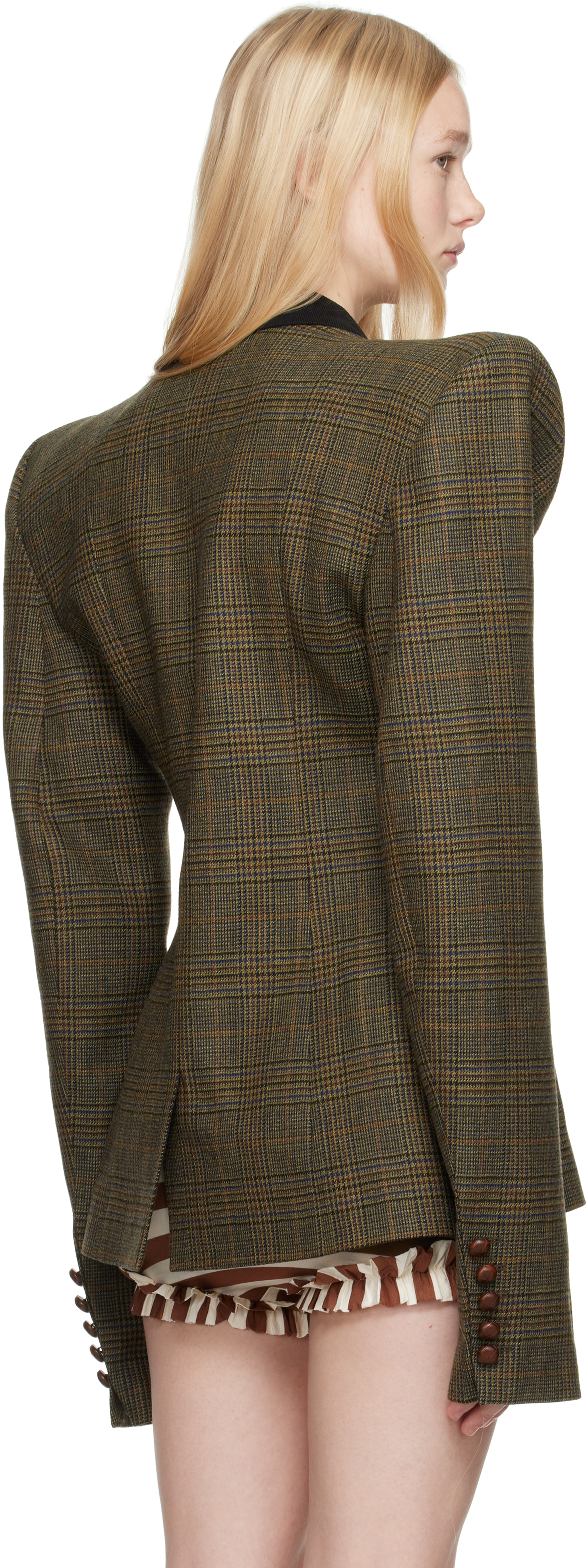 Laura Andraschko Khaki Pagoda Country Side Short Blazer In Beige Tartan