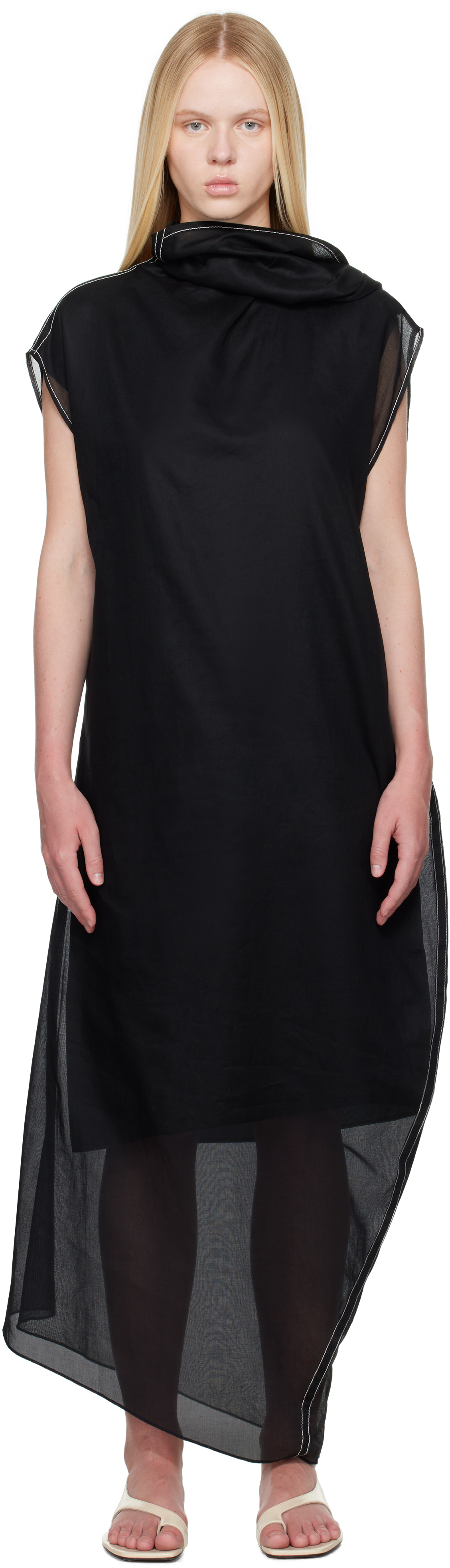 CARVEN BLACK SHEER SCARF ORGANDIE MAXI DRESS