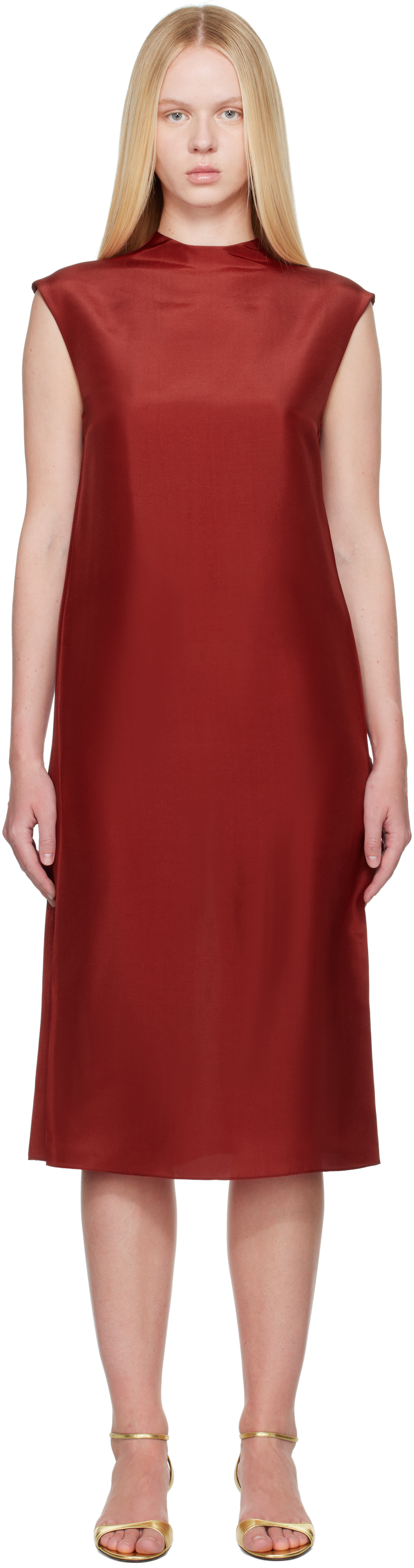 Carven: Red Straight Silk Toile Midi Dress SSENSE